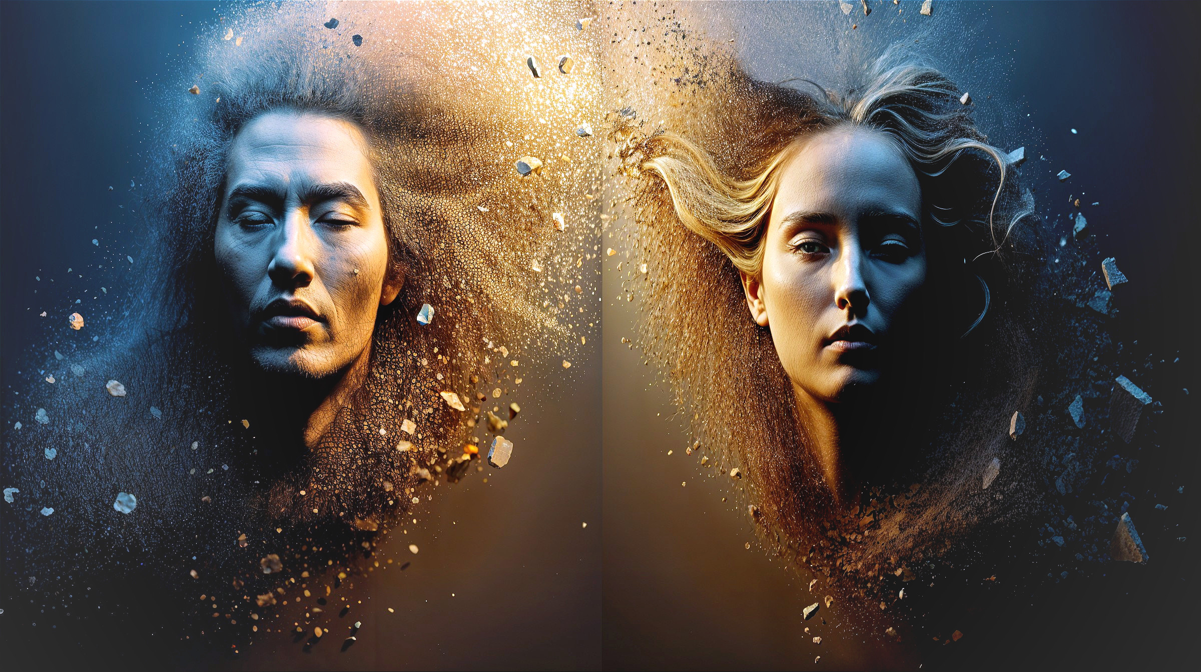 Ethereal Faces in Swirling Light and Particle Effects