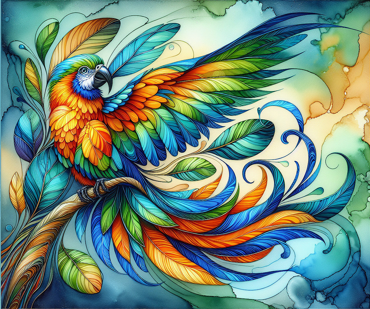 Vibrant Parrot Surrounded by Colorful Feathers and Leaves