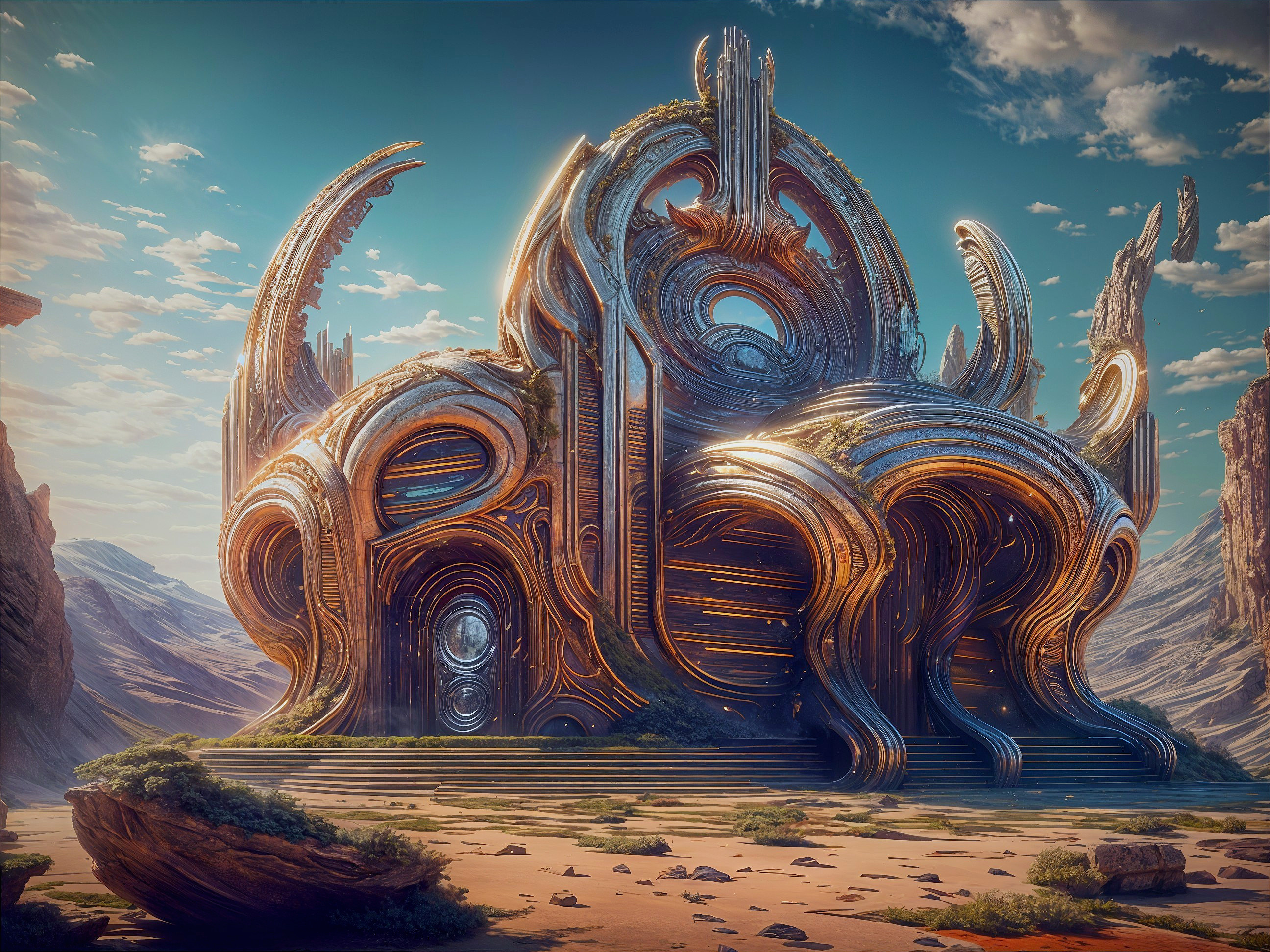 Futuristic Structure with Metallic Design and Nature Surroundings