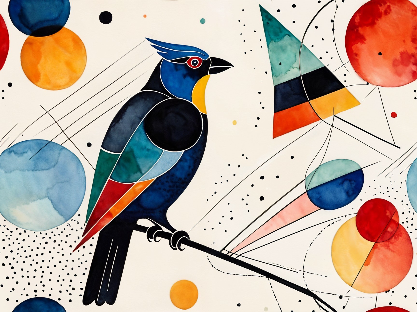 Vibrant Bird on Branch with Geometric Shapes and Colors