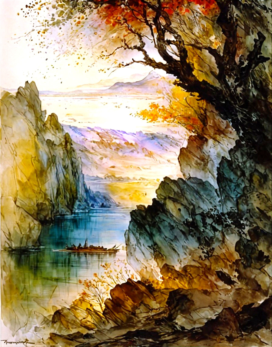 Scenic watercolor painting of sunset over tranquil lake