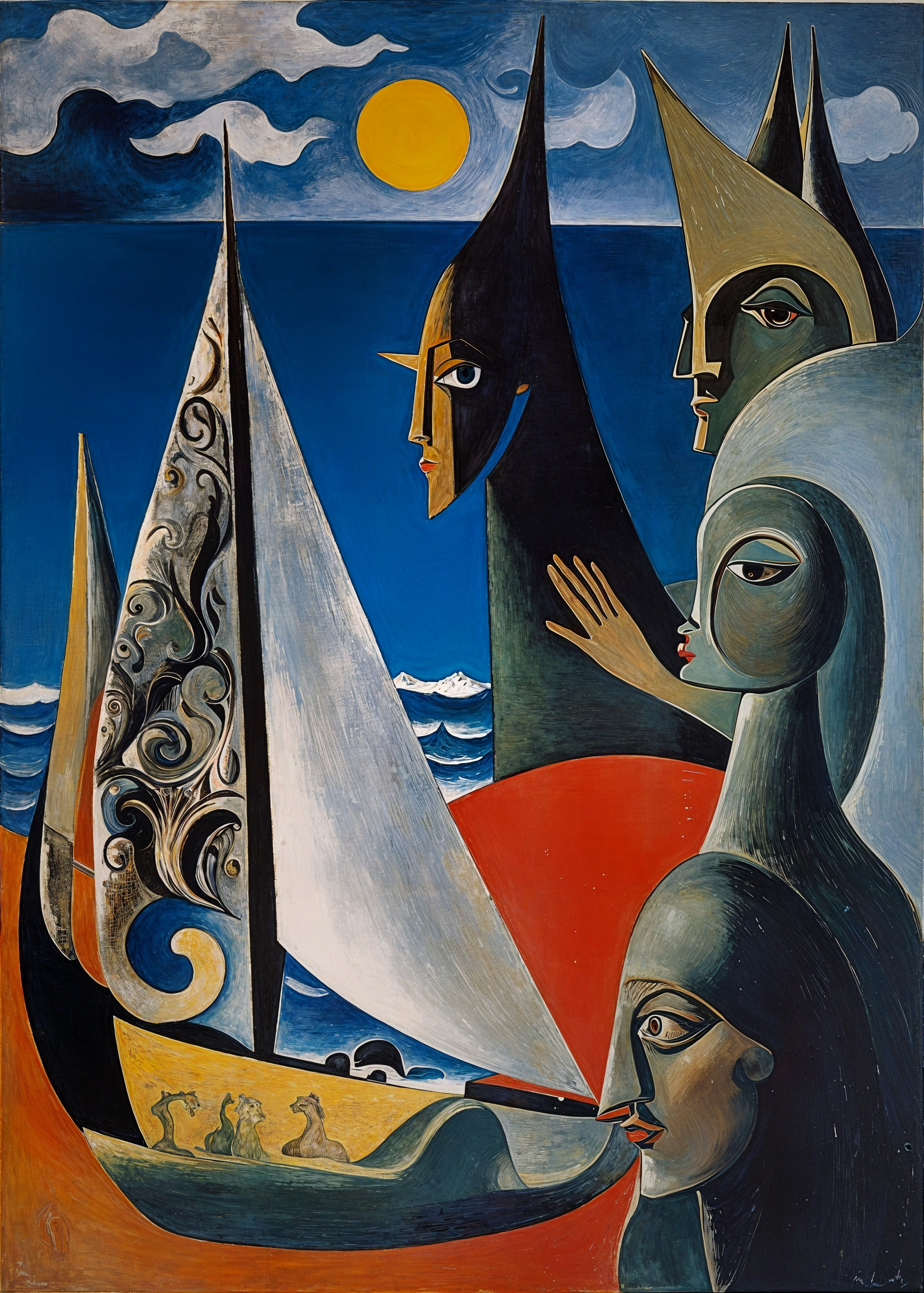 Abstract Composition of Figures with Sailboat and Sea