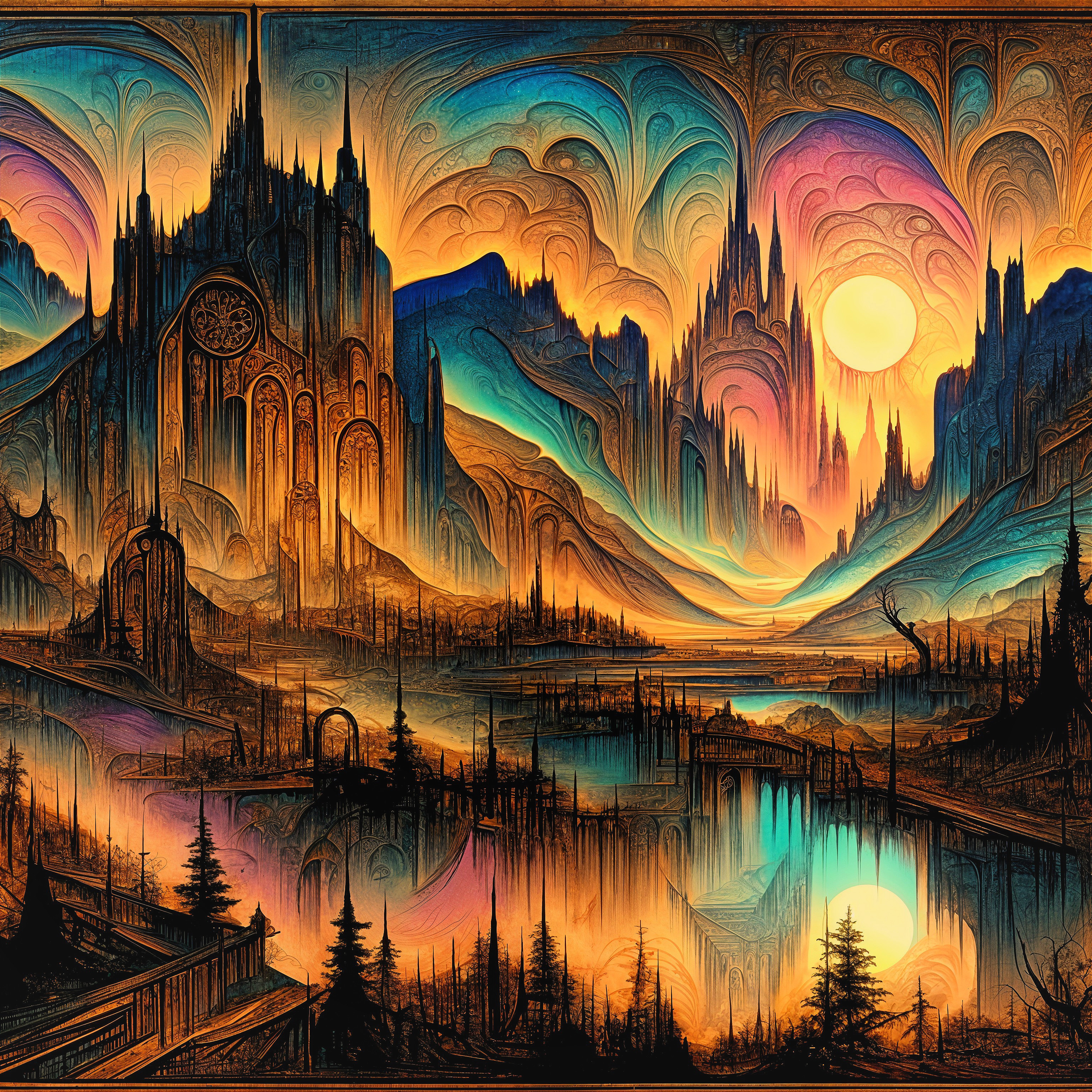 Surreal Landscape with Colorful Mountains and Castles
