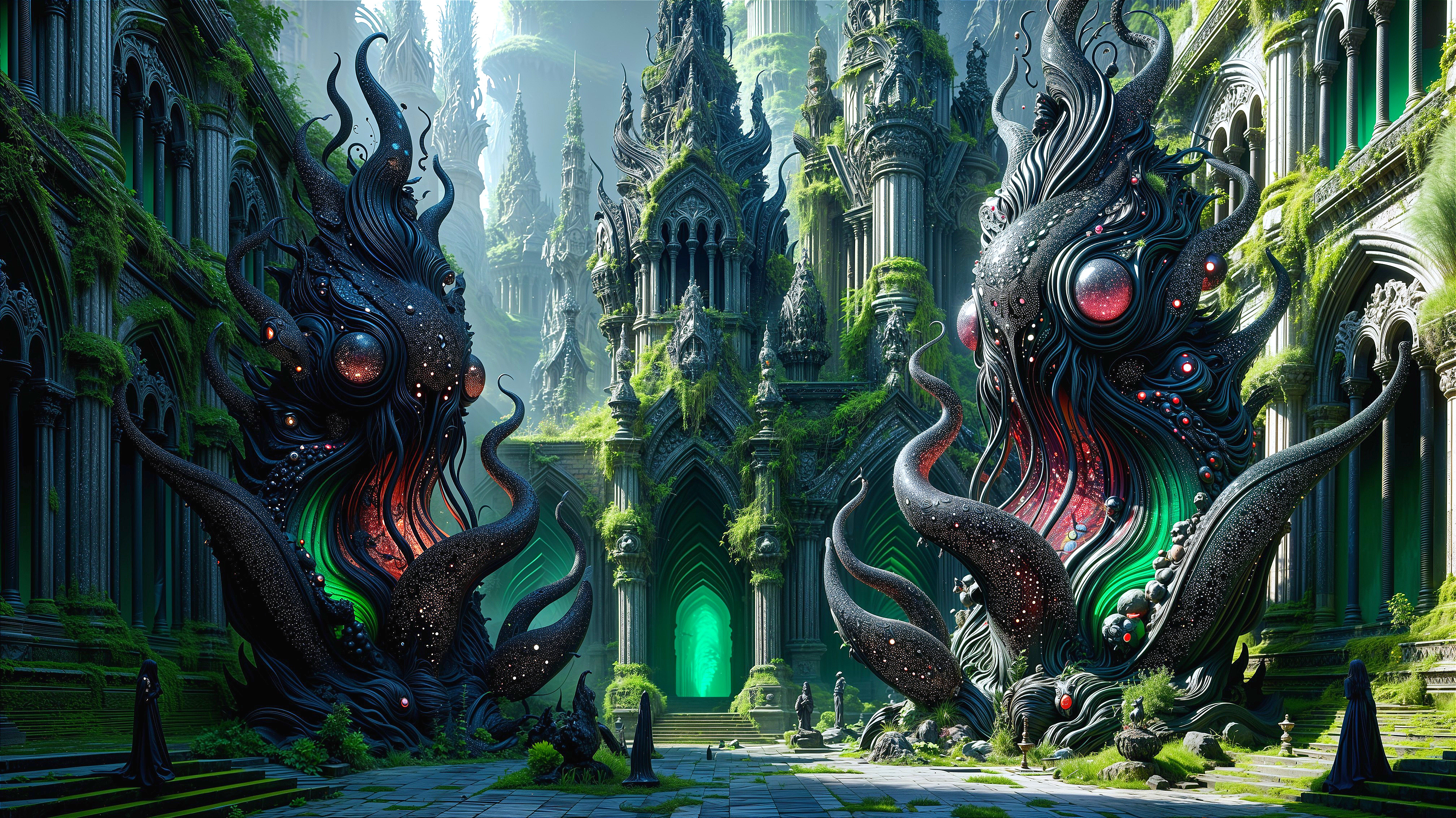 Ancient Ruins with Carved Structures and Greenery