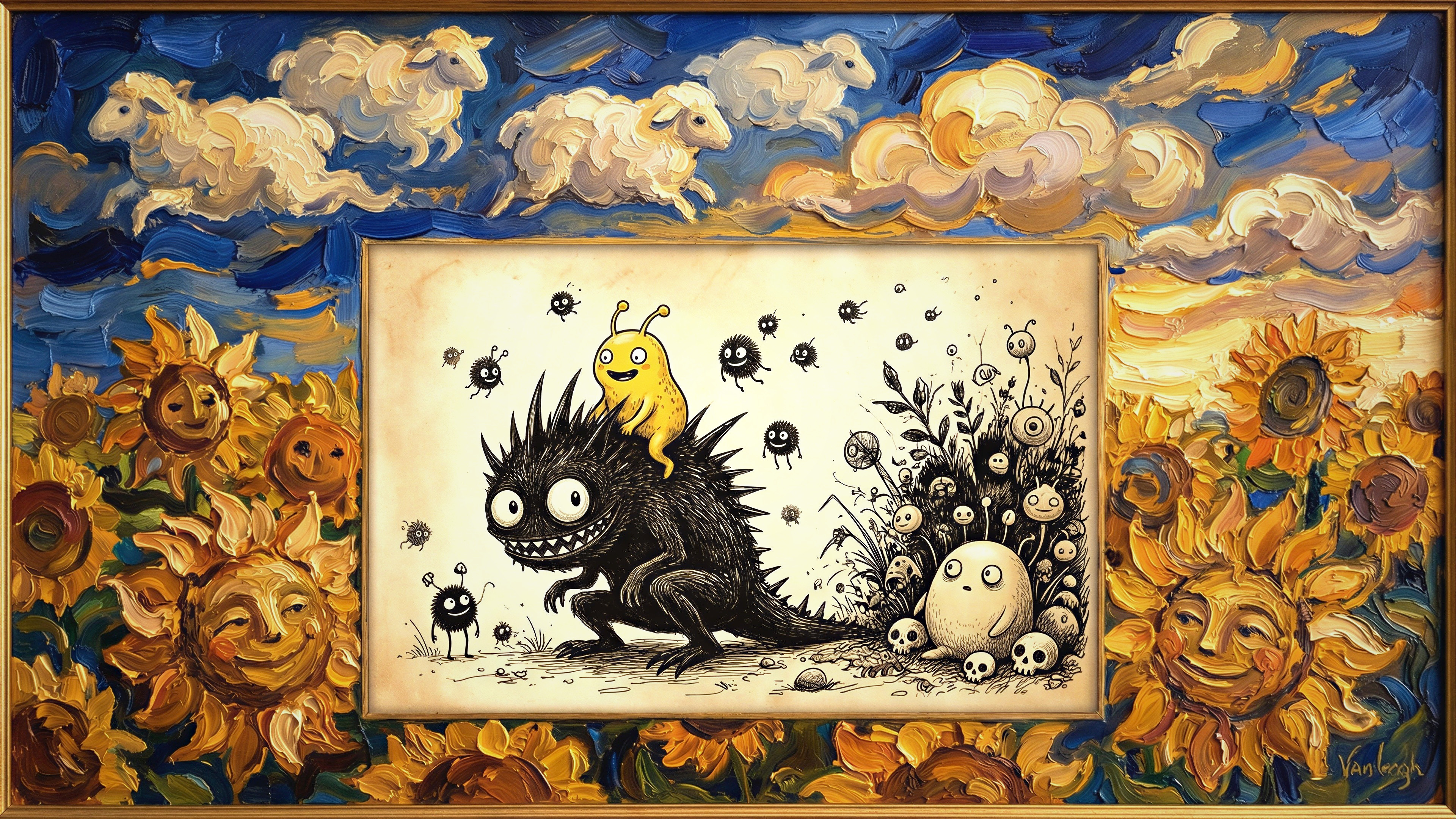 Van Gogh-inspired artwork featuring sheep and monsters