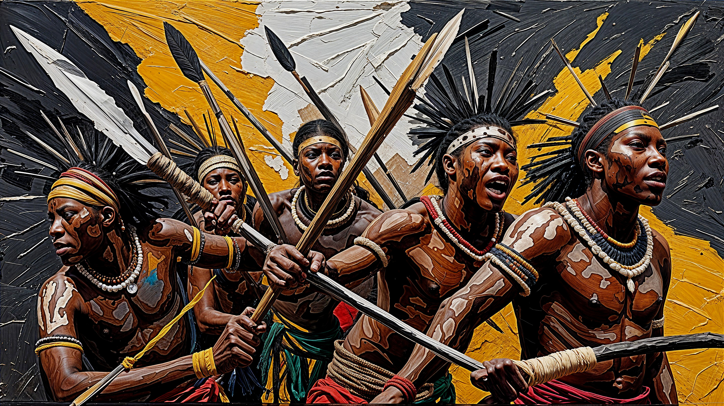 Group of Five Warriors in Traditional Attire and Body Paint
