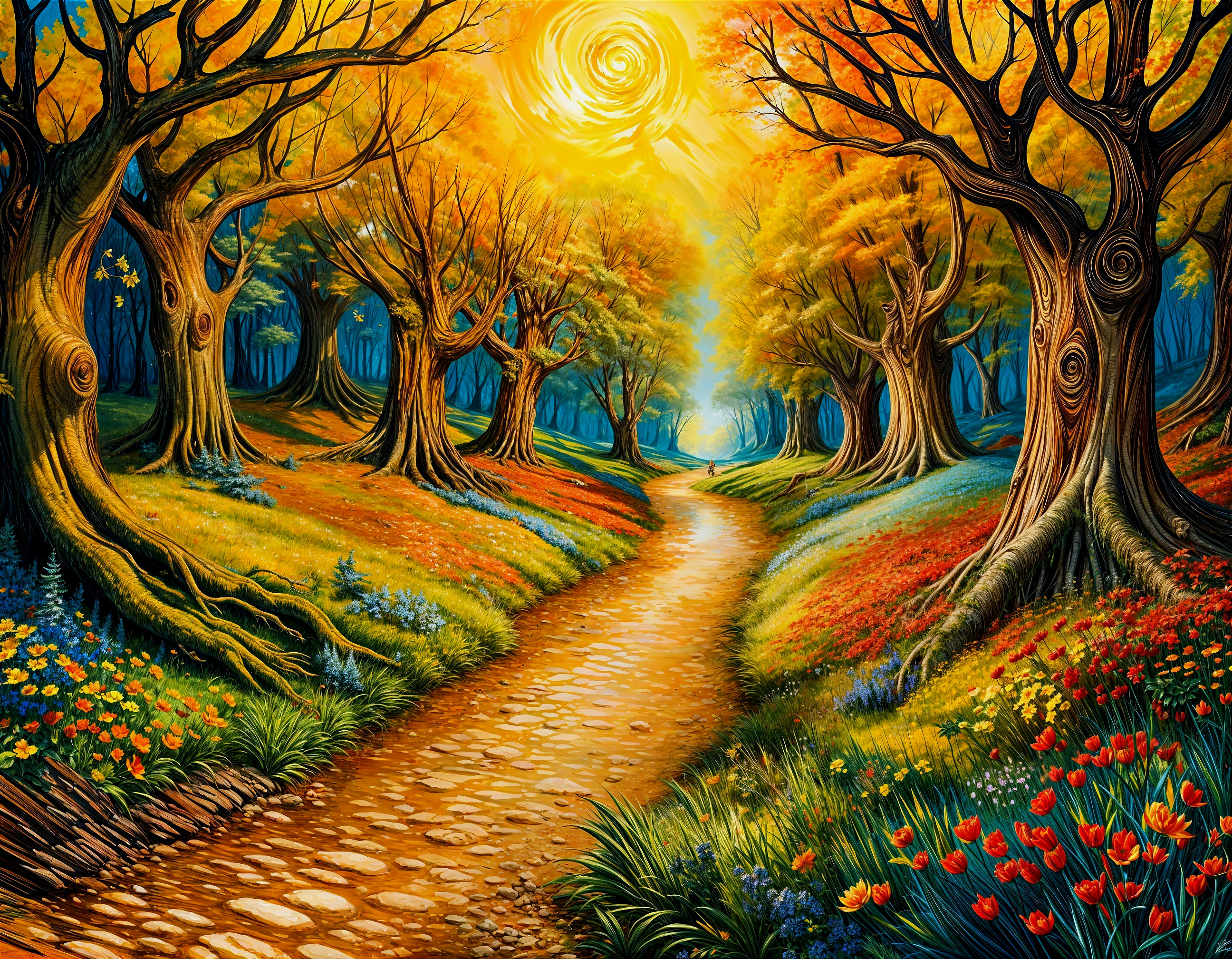Autumn Forest Path with Golden Trees and Wildflowers