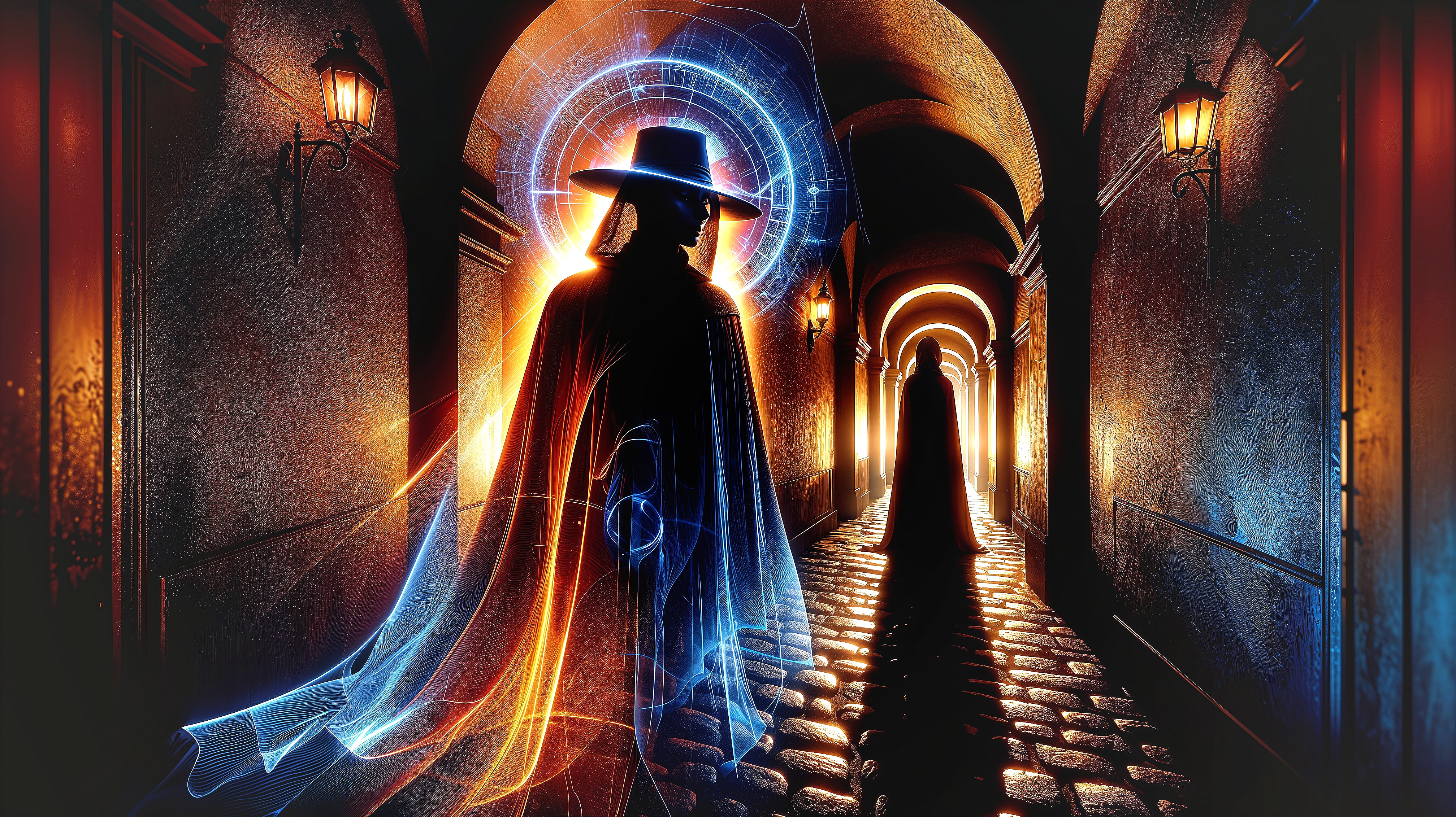 Mysterious Figure in Dimly Lit Corridor with Lanterns