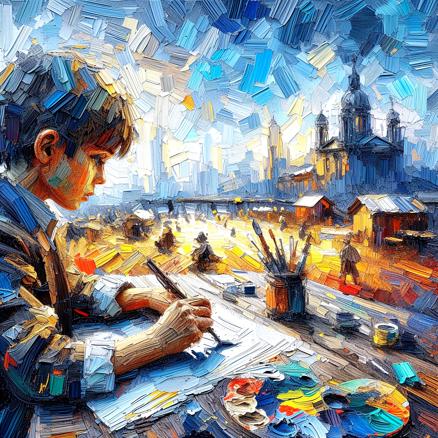 Young Boy Sketching at a Wooden Table with Cityscape