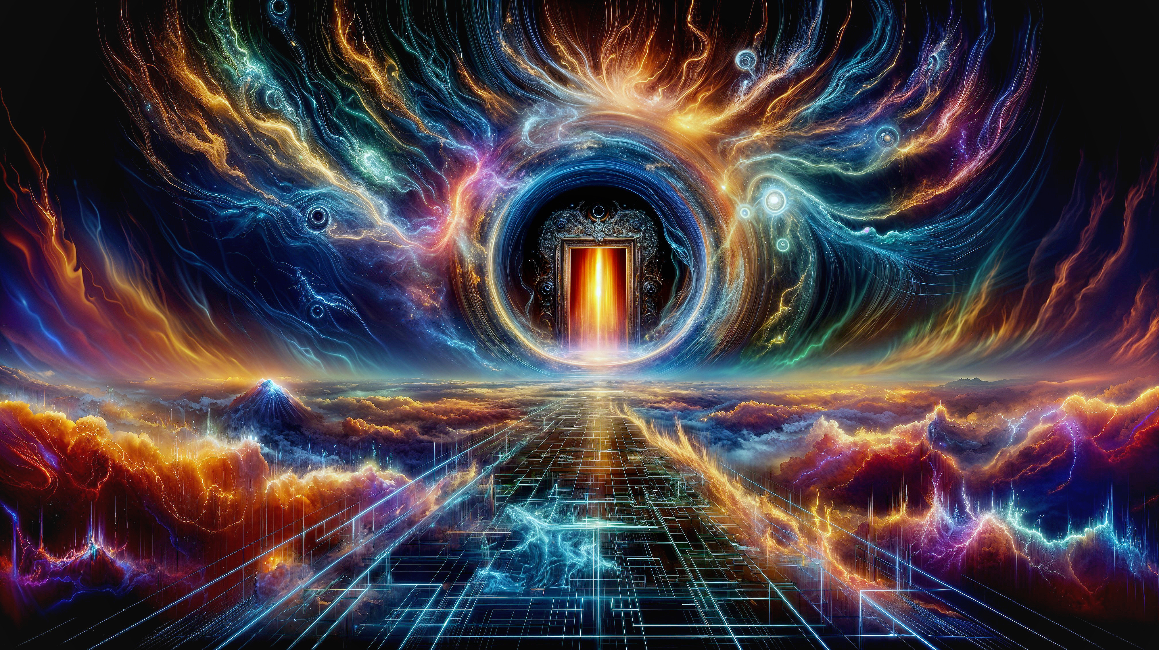 Surreal Landscape with Radiant Portal and Colors