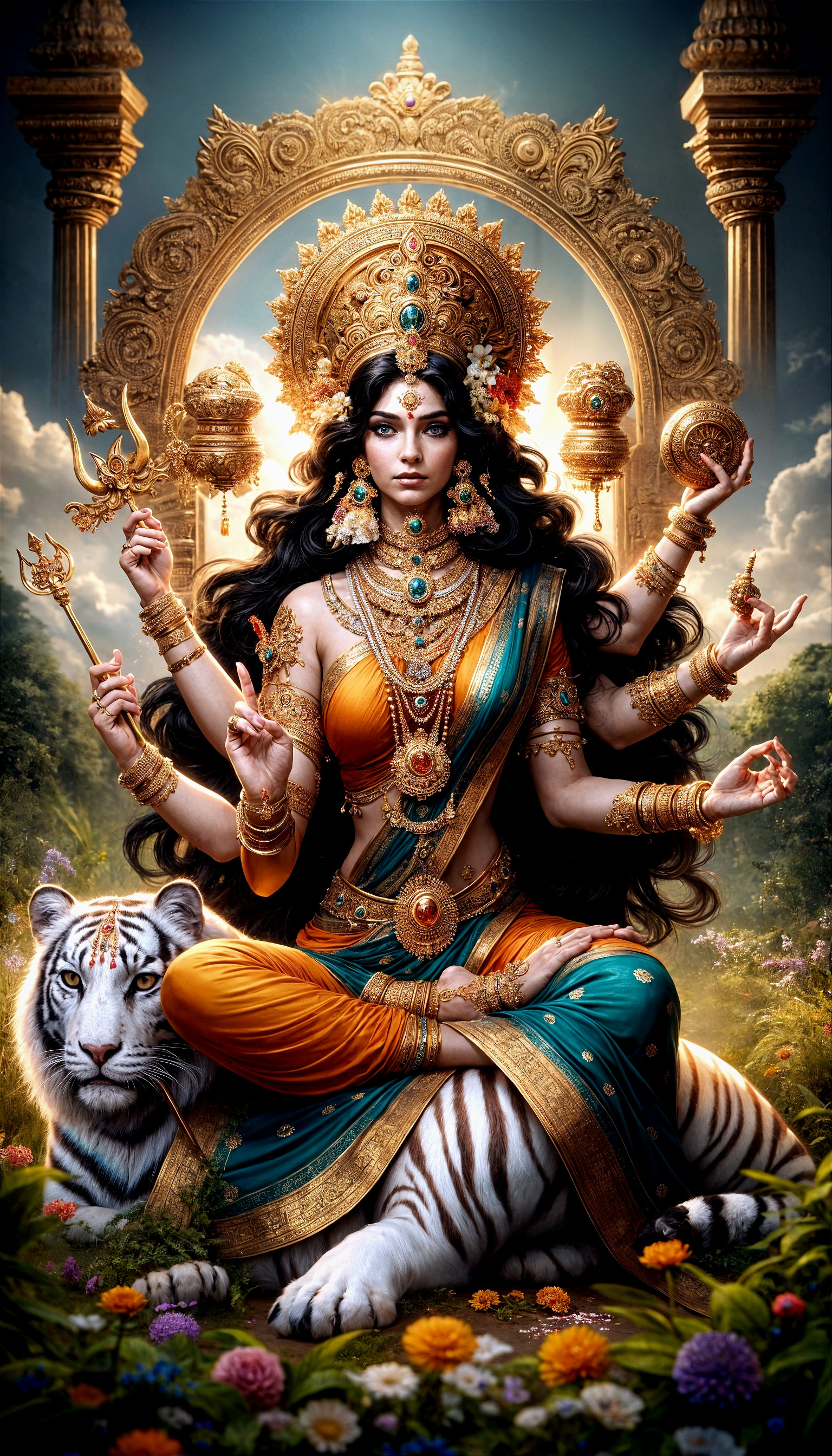 Goddess with Multiple Arms in Vibrant Traditional Attire