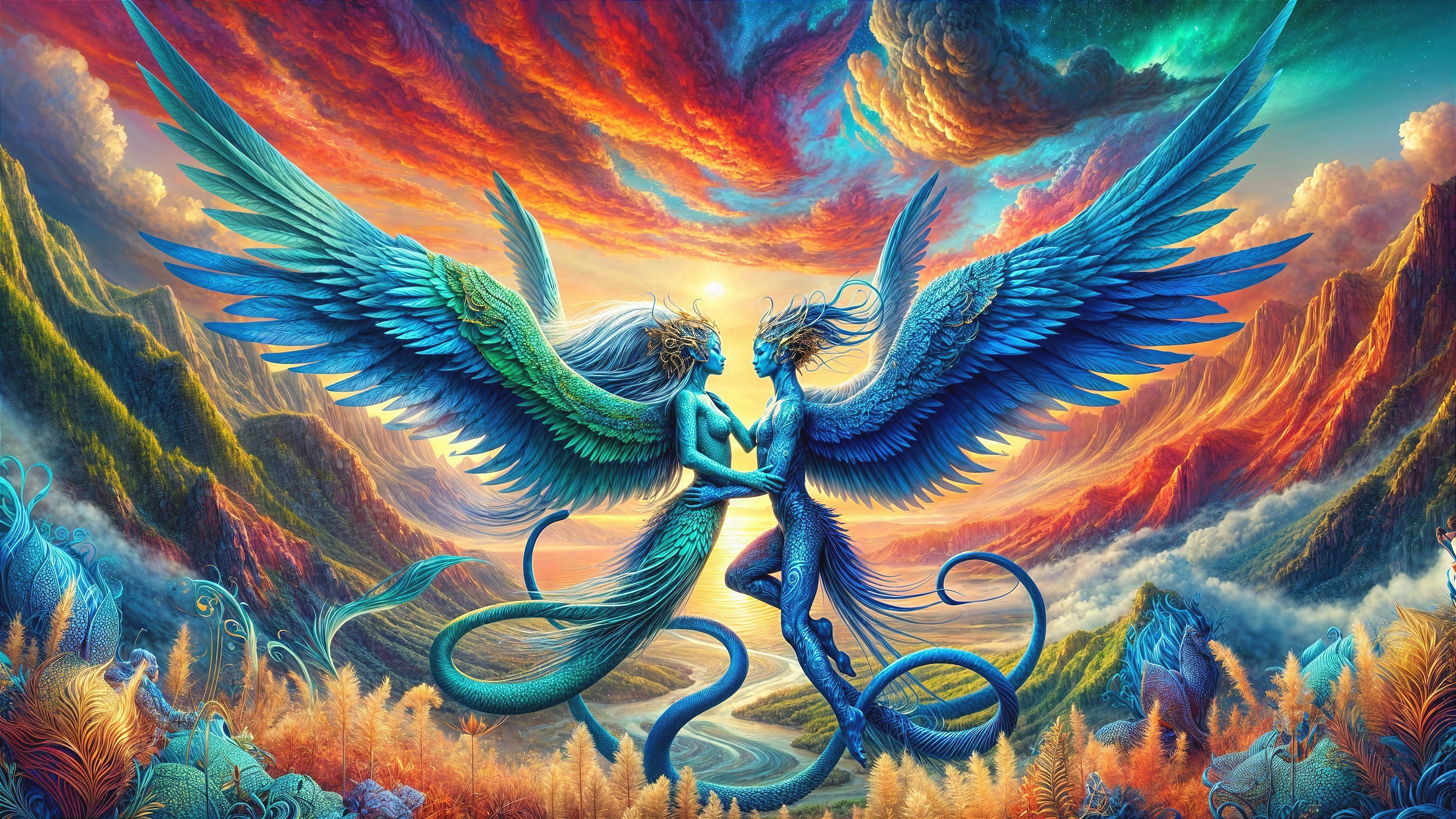 Ethereal Beings with Blue Wings in Surreal Landscape