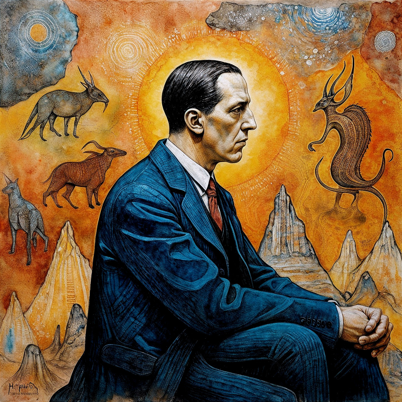 Solemn Man in Dark Suit Against Surreal Background