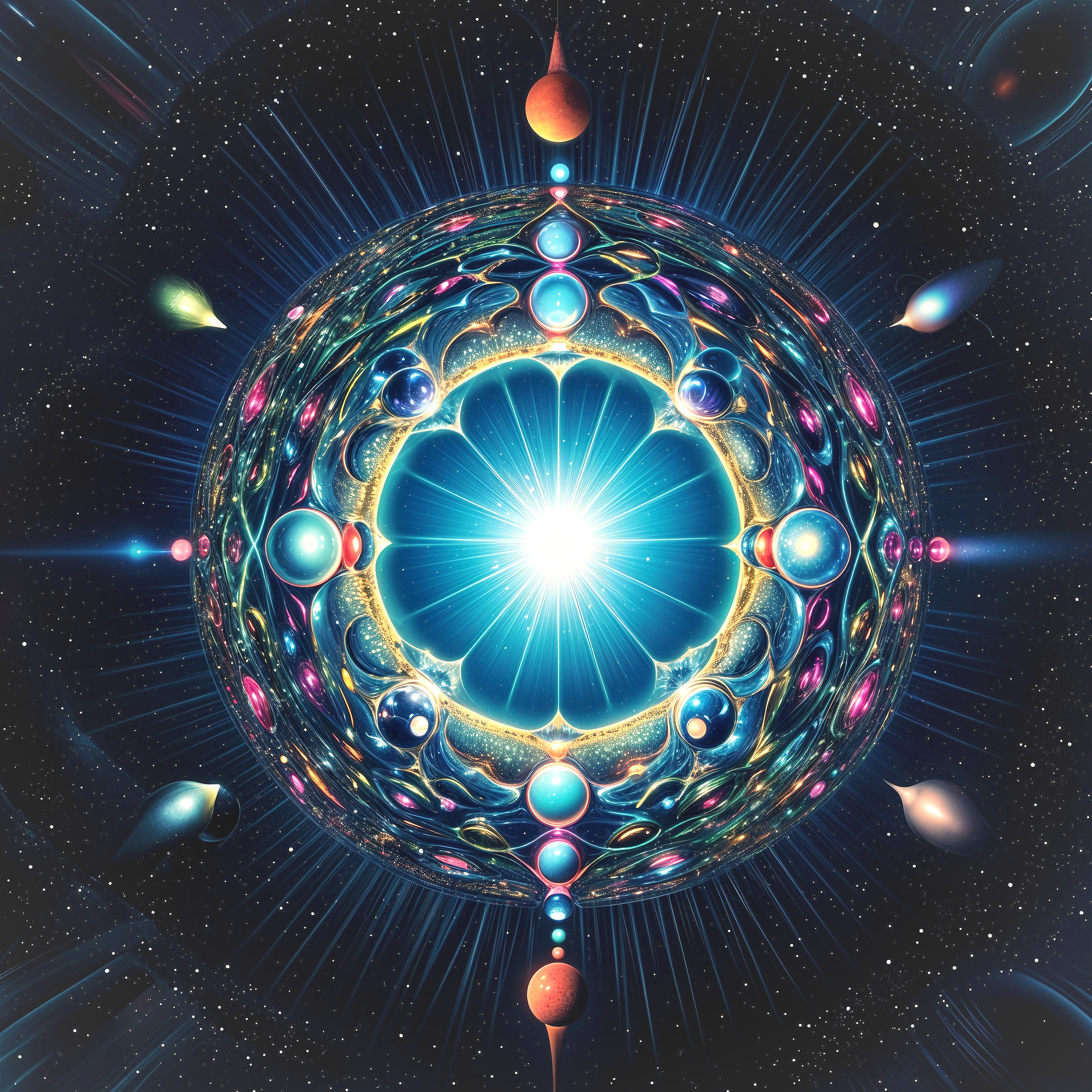 Vibrant Cosmic Sphere with Glowing Orbs and Patterns