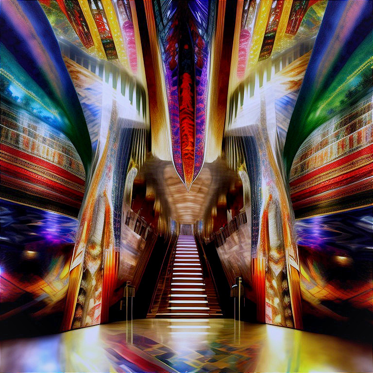 Vibrantly Colored Staircase with Kaleidoscopic Bookshelves