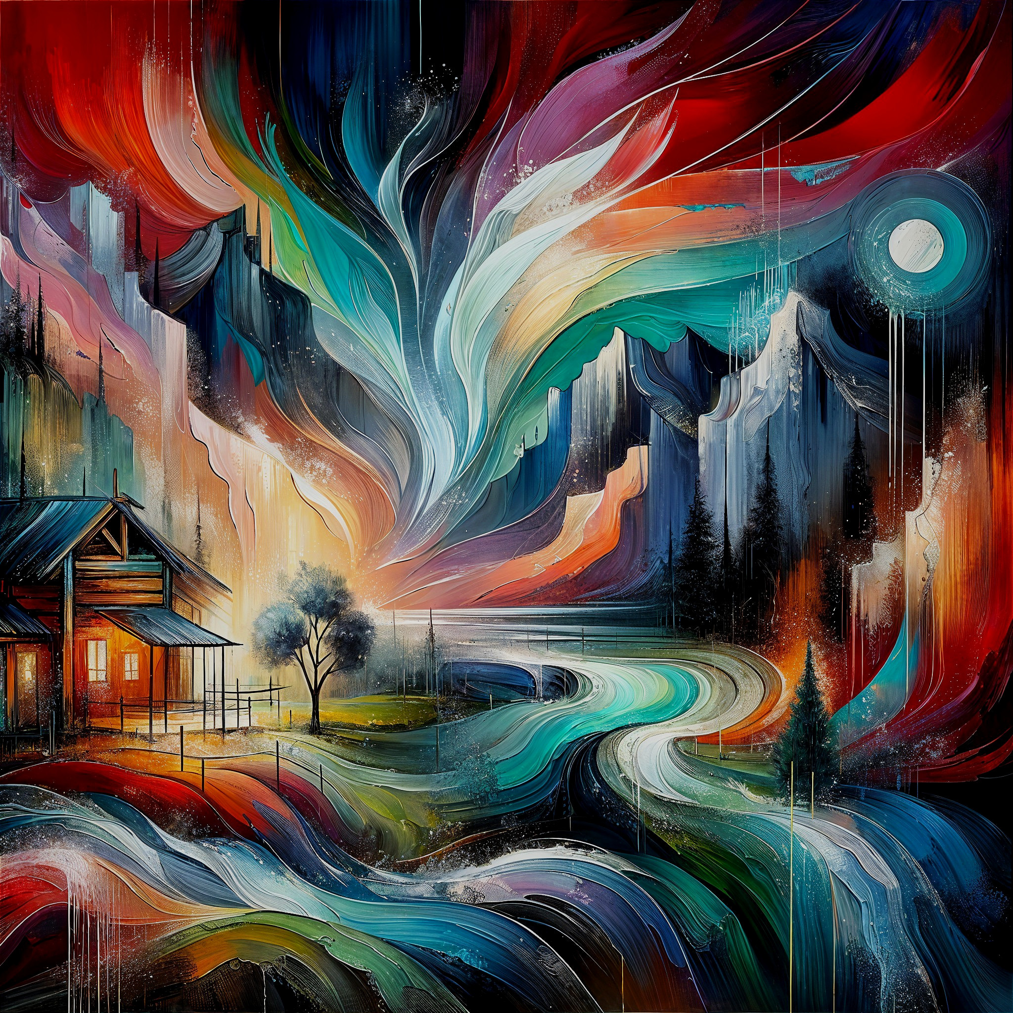 Vibrant Abstract Landscape with Cozy Cabin and River