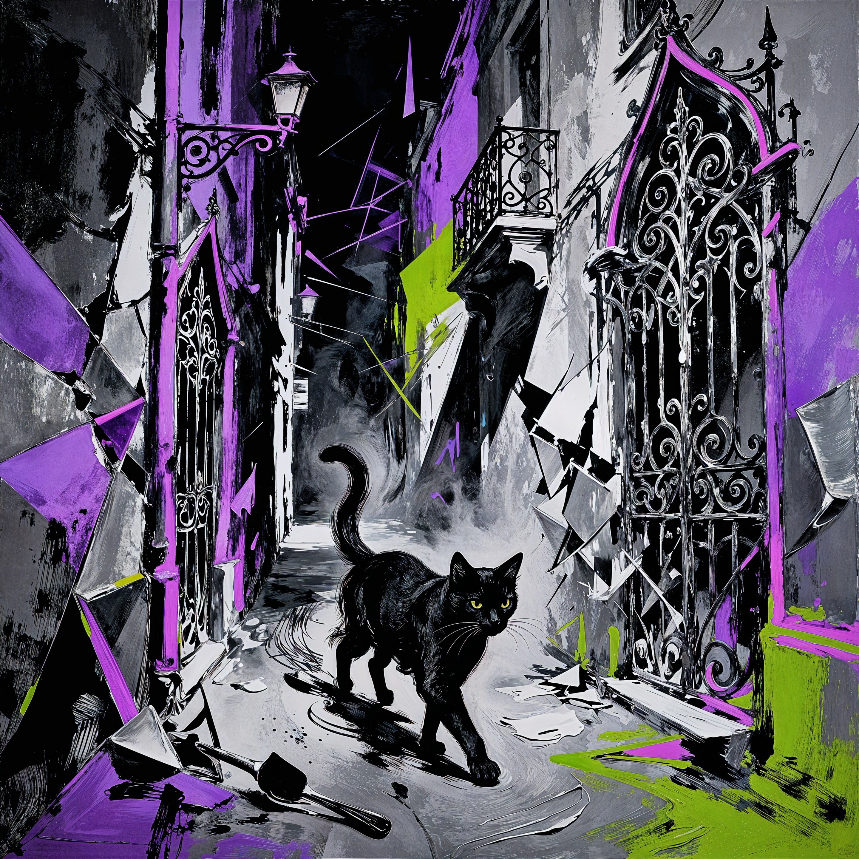 Abstract Painting of a Black Cat in a Dark Alley