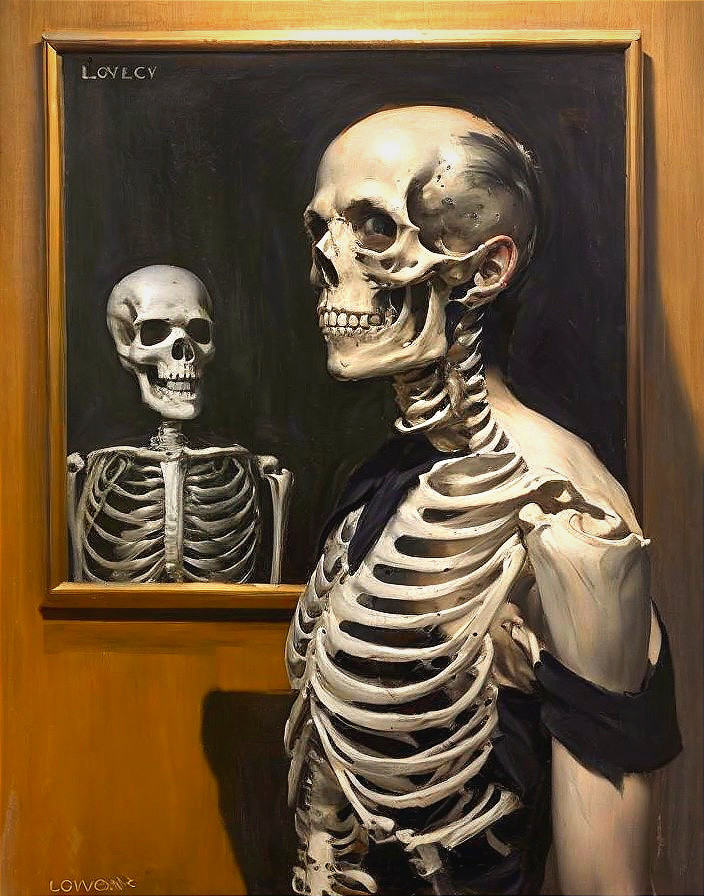 Life-Sized Skeleton in Profile with Smaller Reflection