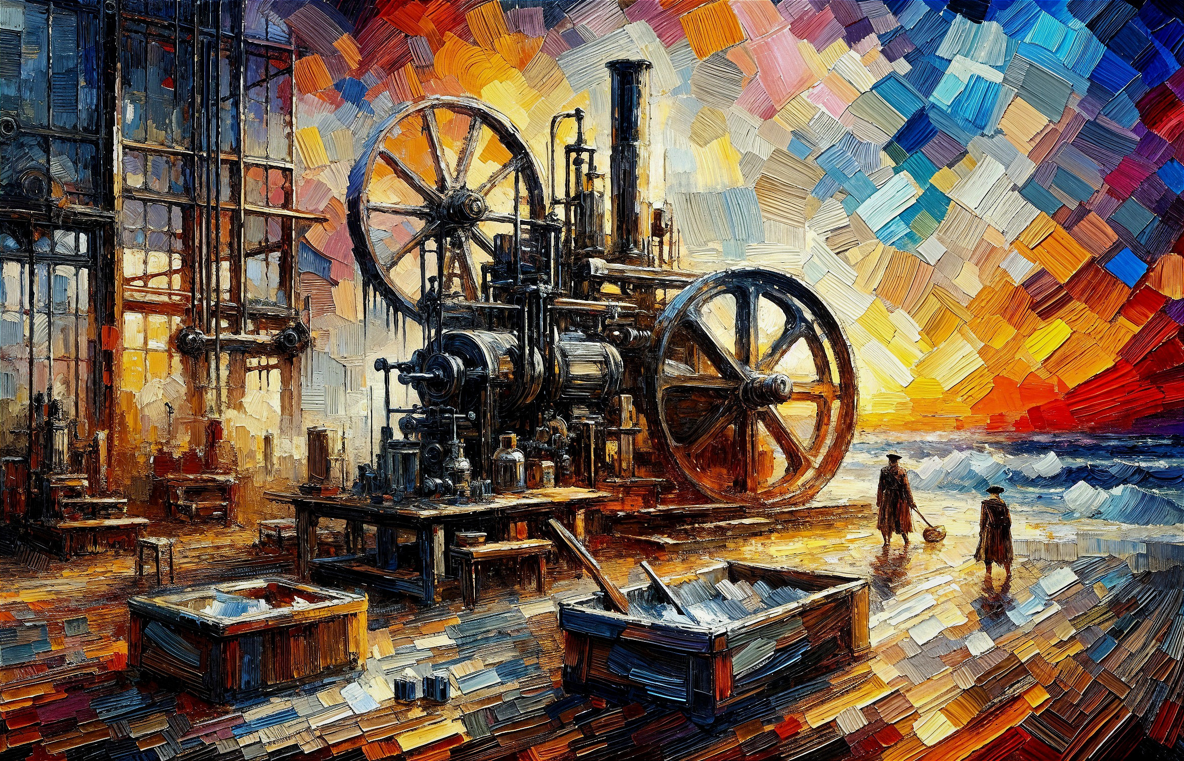 Impressionistic Steam Engine Scene at Sunset