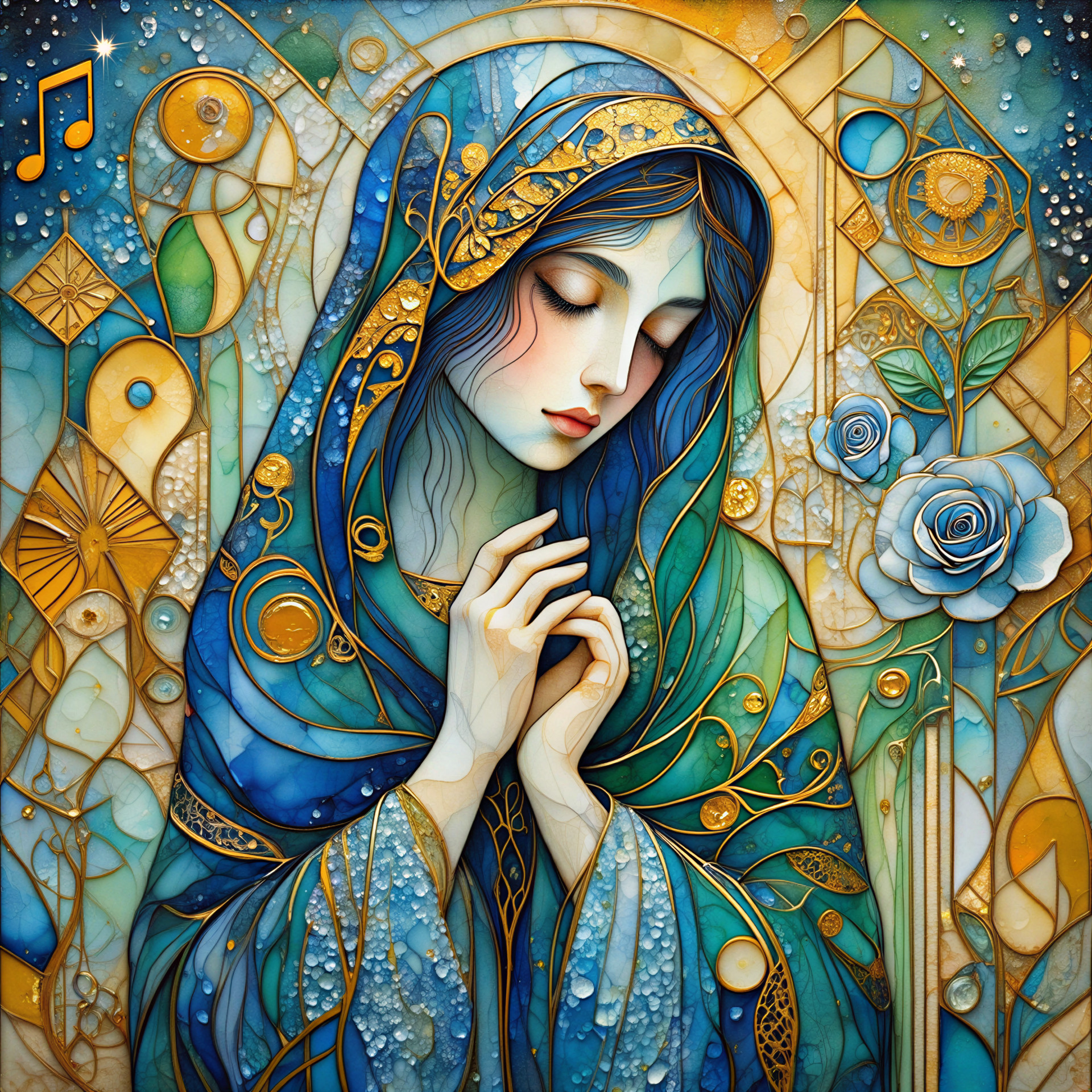 Stained Glass Artwork of Serene Woman in Prayer