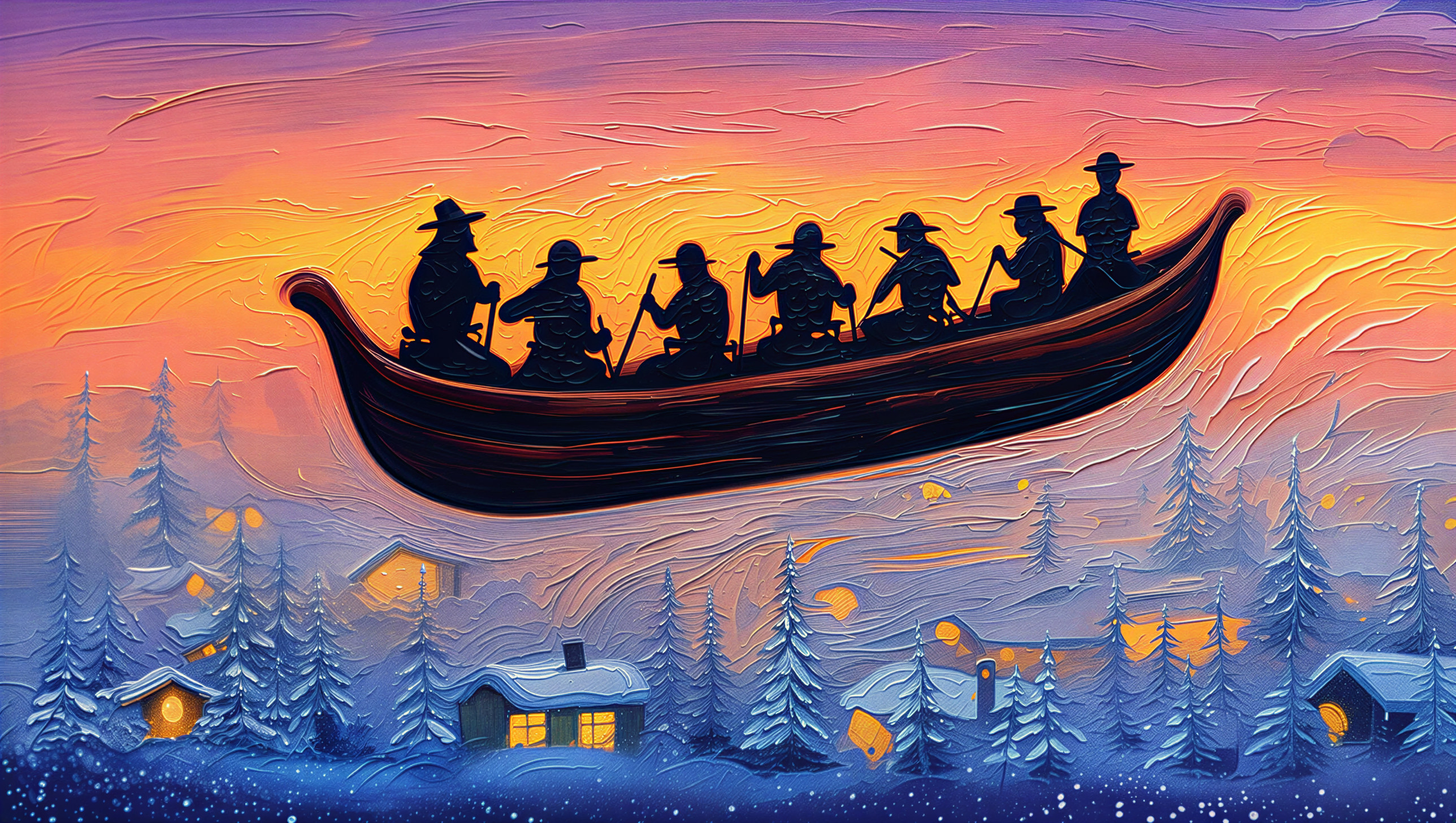 Silhouetted Figures in Boat Over Vibrant Sunset Sky