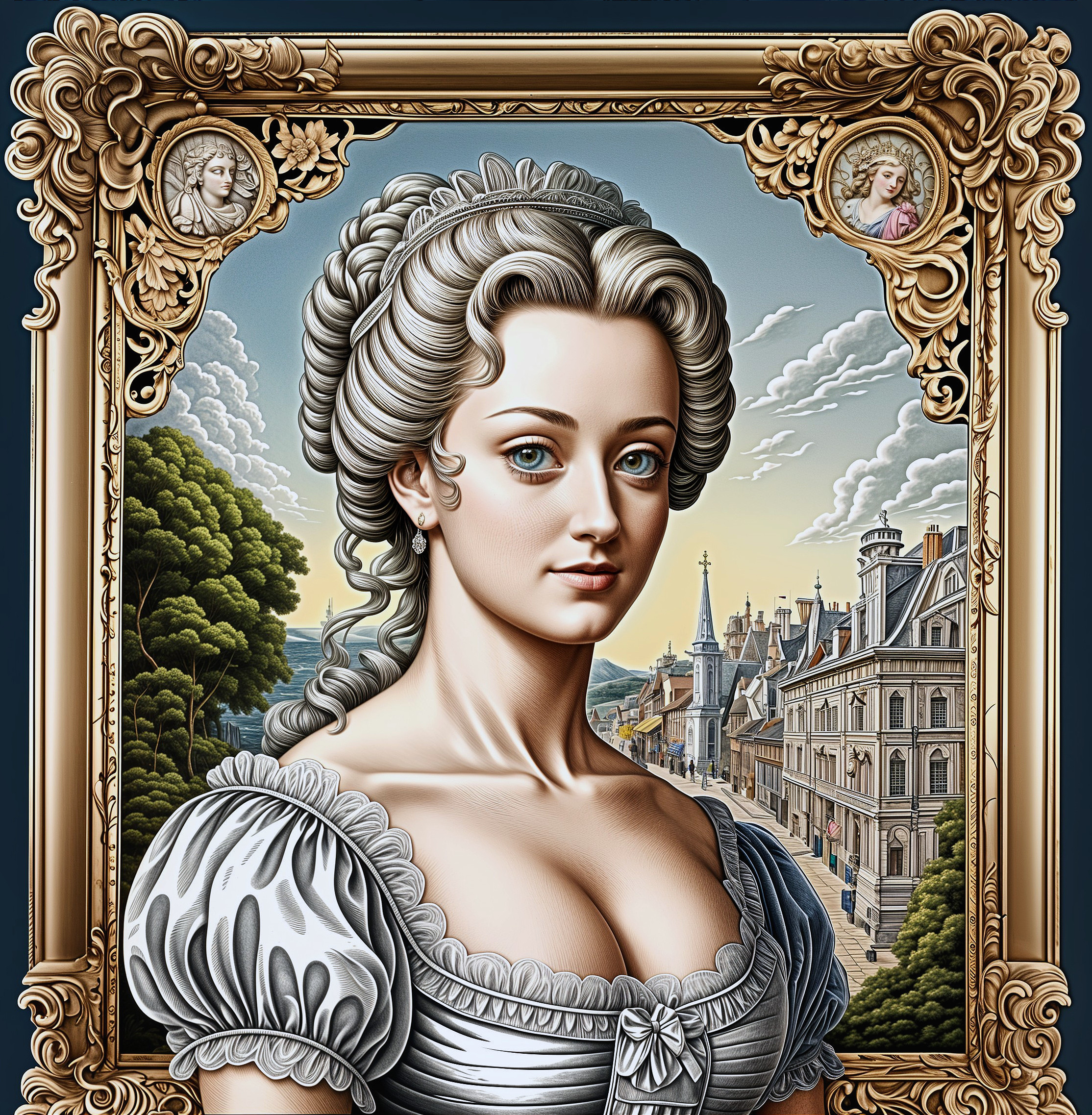 Young Woman in Historical Dress Against Grand Landscape