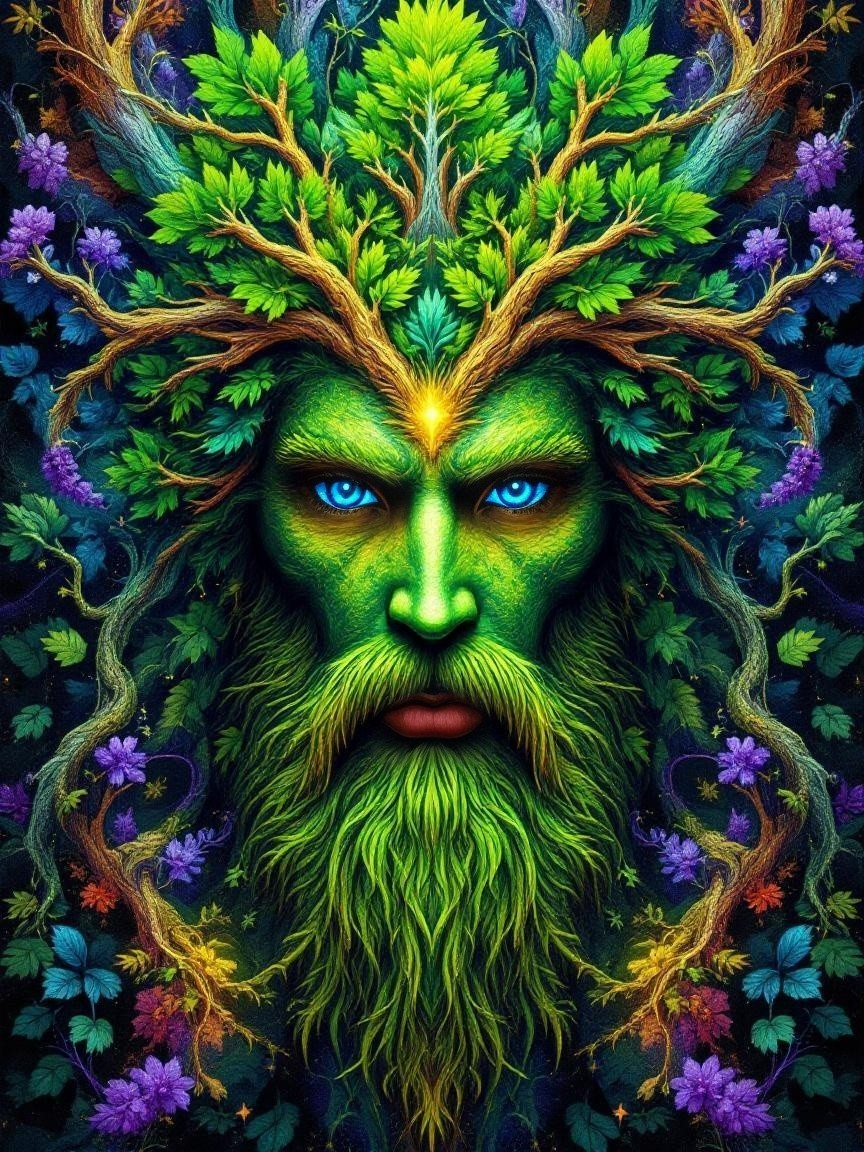 Mystical Figure Surrounded by Greenery and Flowers
