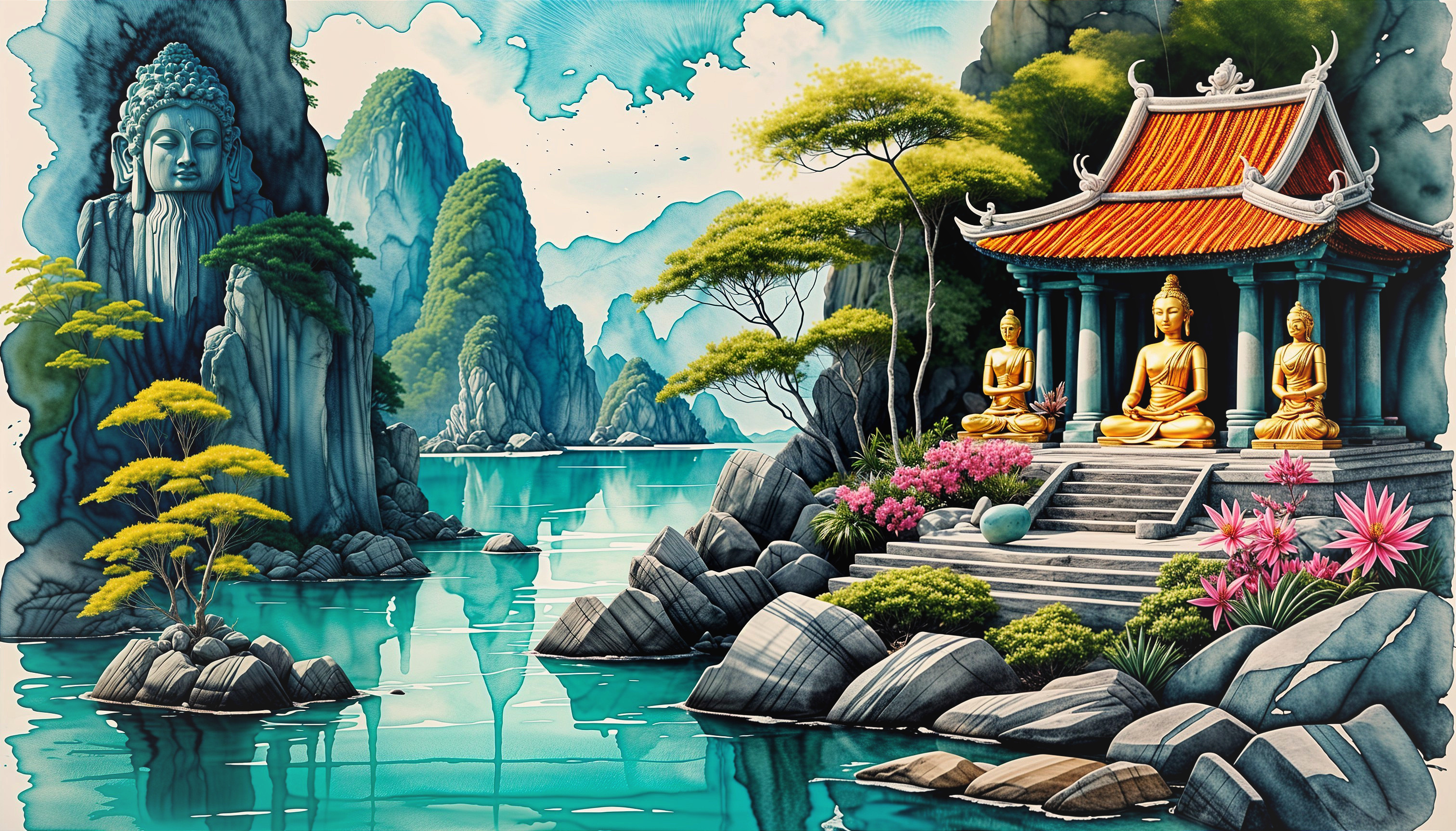 Serene Landscape with Buddha Statue and Temple