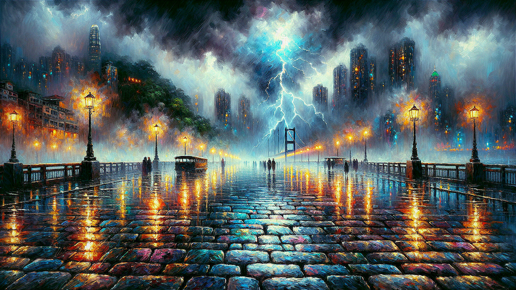 Urban Landscape at Dusk with Stormy Sky and Lightning