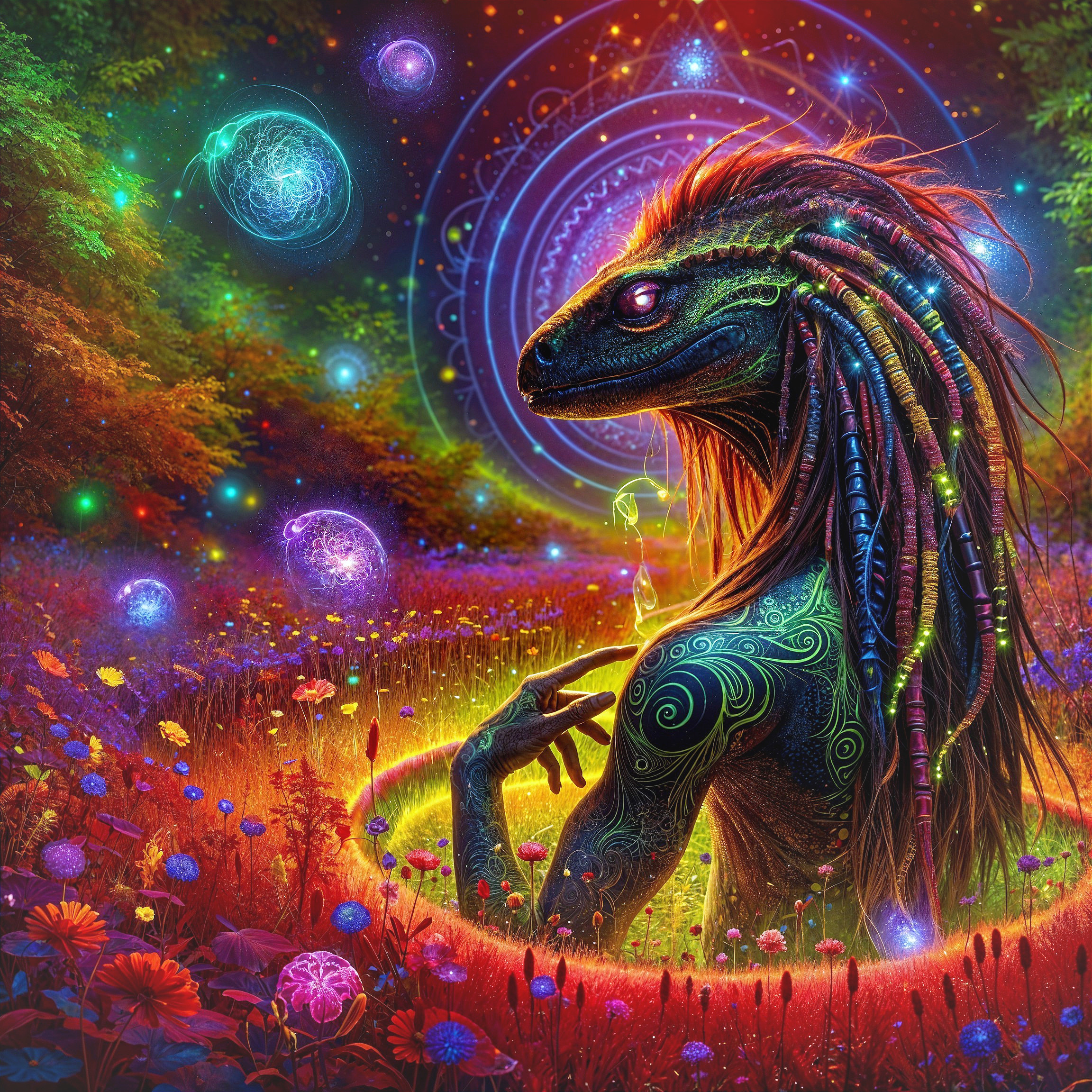 Mystical Creature in Lush Meadow Under Starry Sky