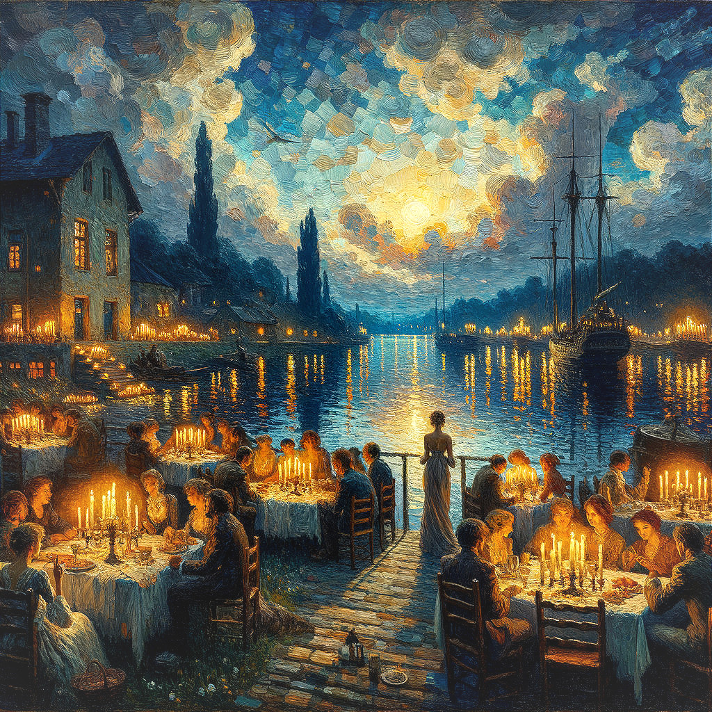 Vibrant Evening Scene by Water with Candlelight Dining