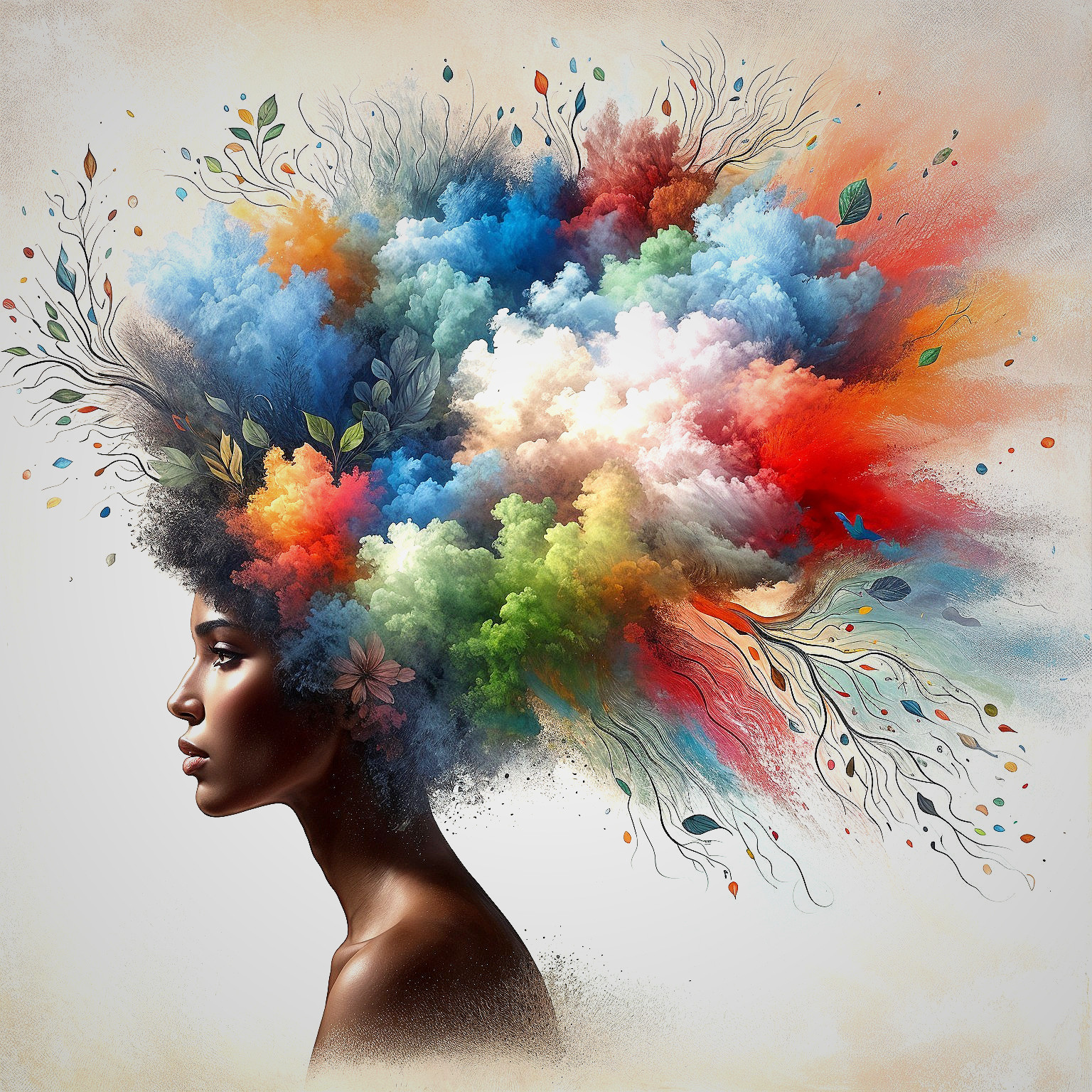 Portrait of a Woman with Colorful Cloud Hairstyle