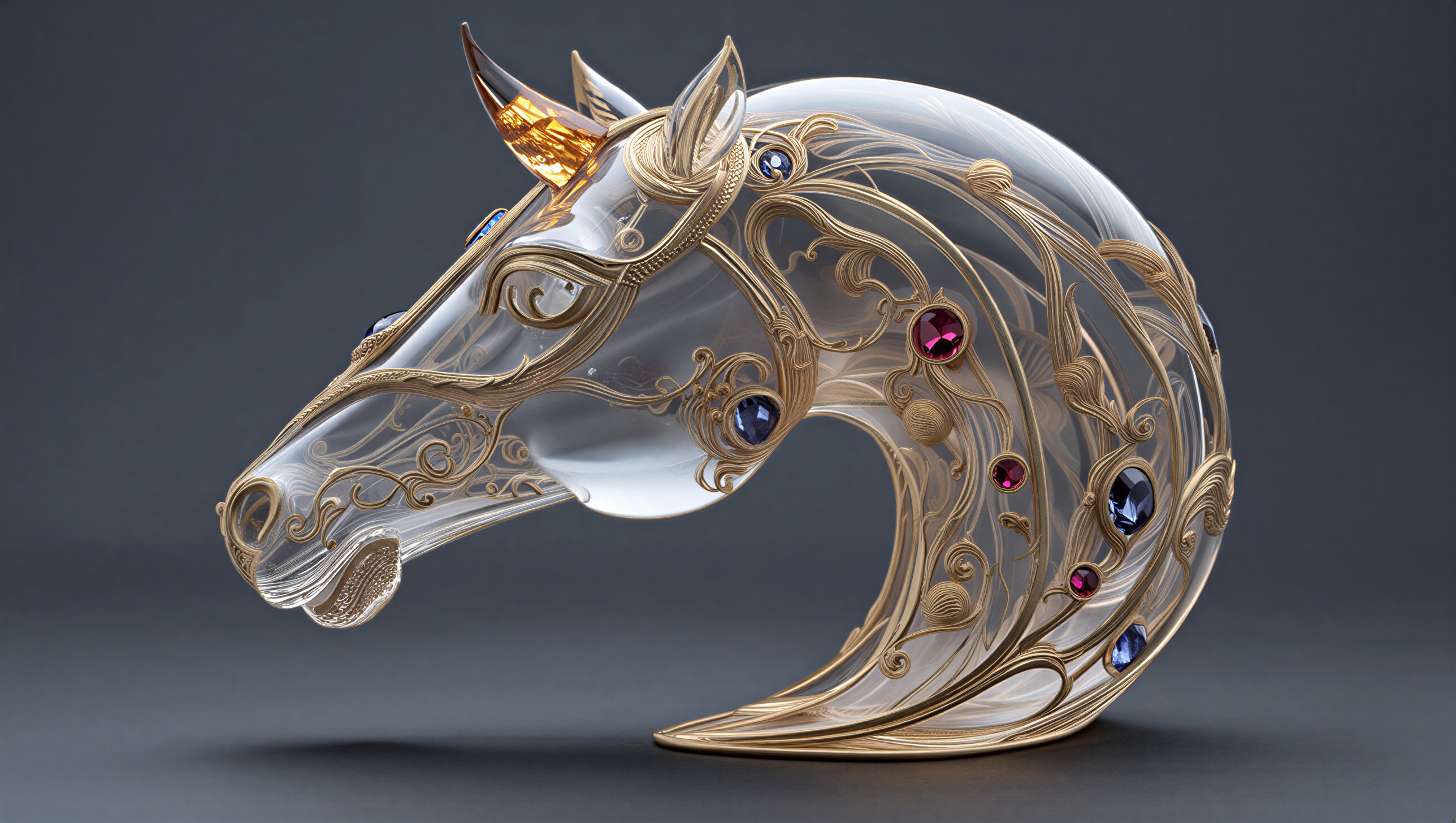Elegant Glass Horse Head Sculpture with Gold Filigree