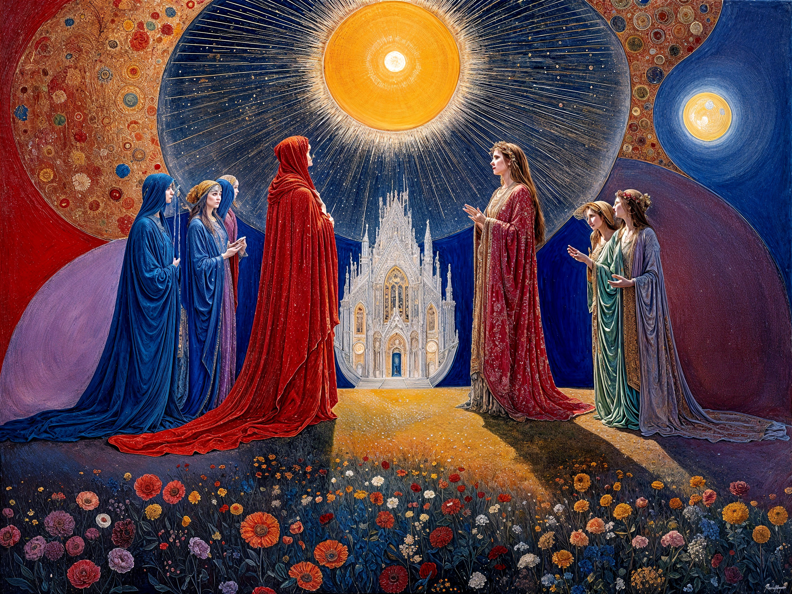 Five Women in Flowing Robes Before a Luminous Castle