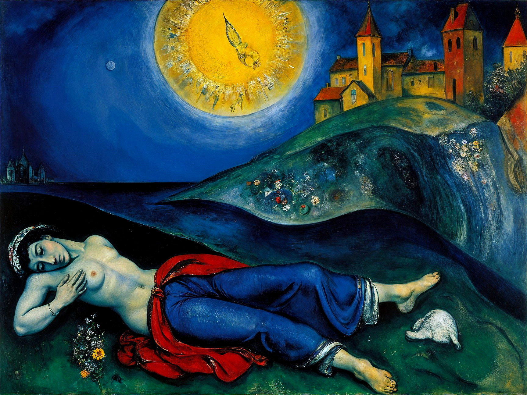 Serene Woman Reclining in Nature with Vibrant Colors