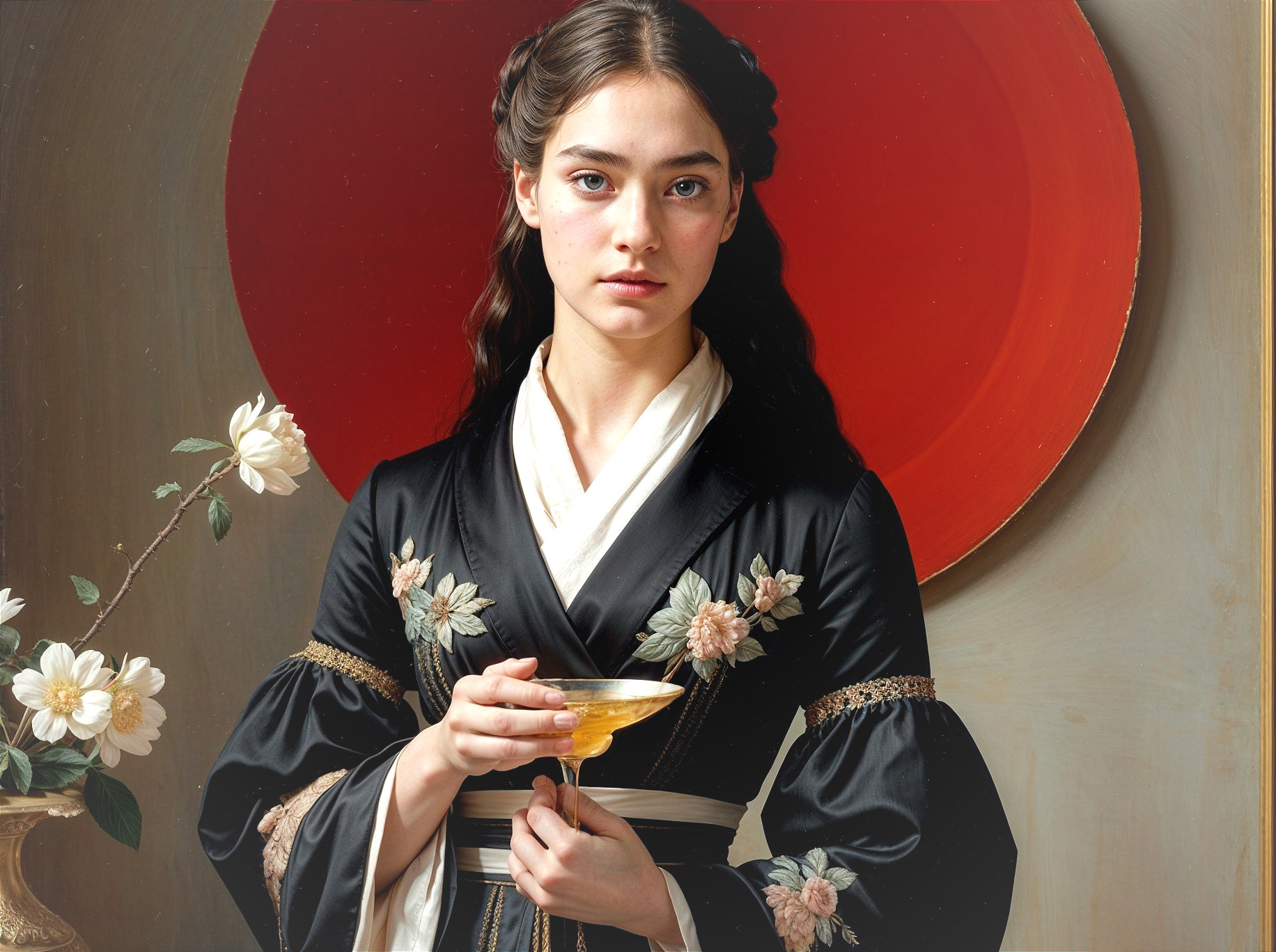 Young Woman in Black Kimono with Floral Patterns