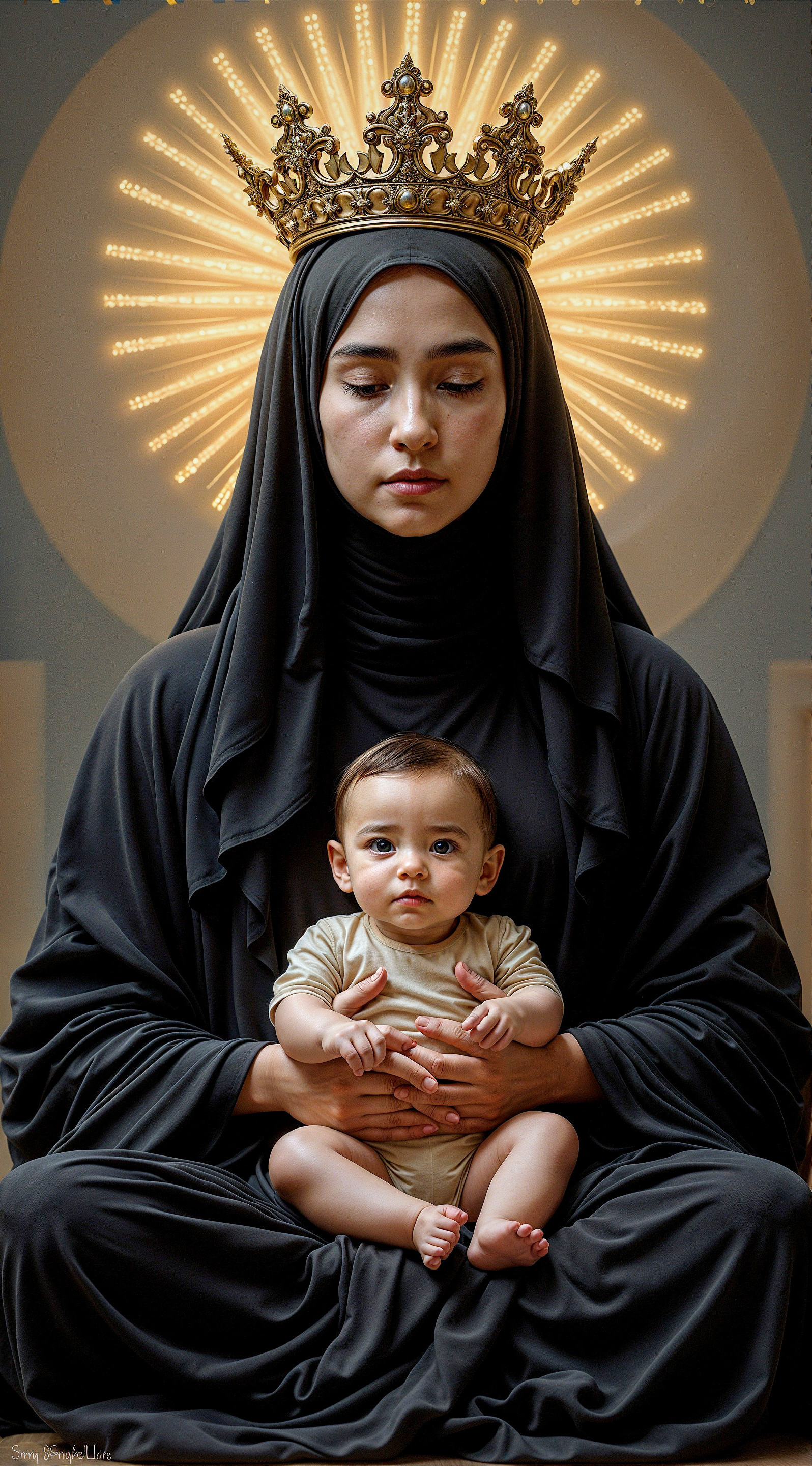 Serene Woman in Black Robe with Child and Halo