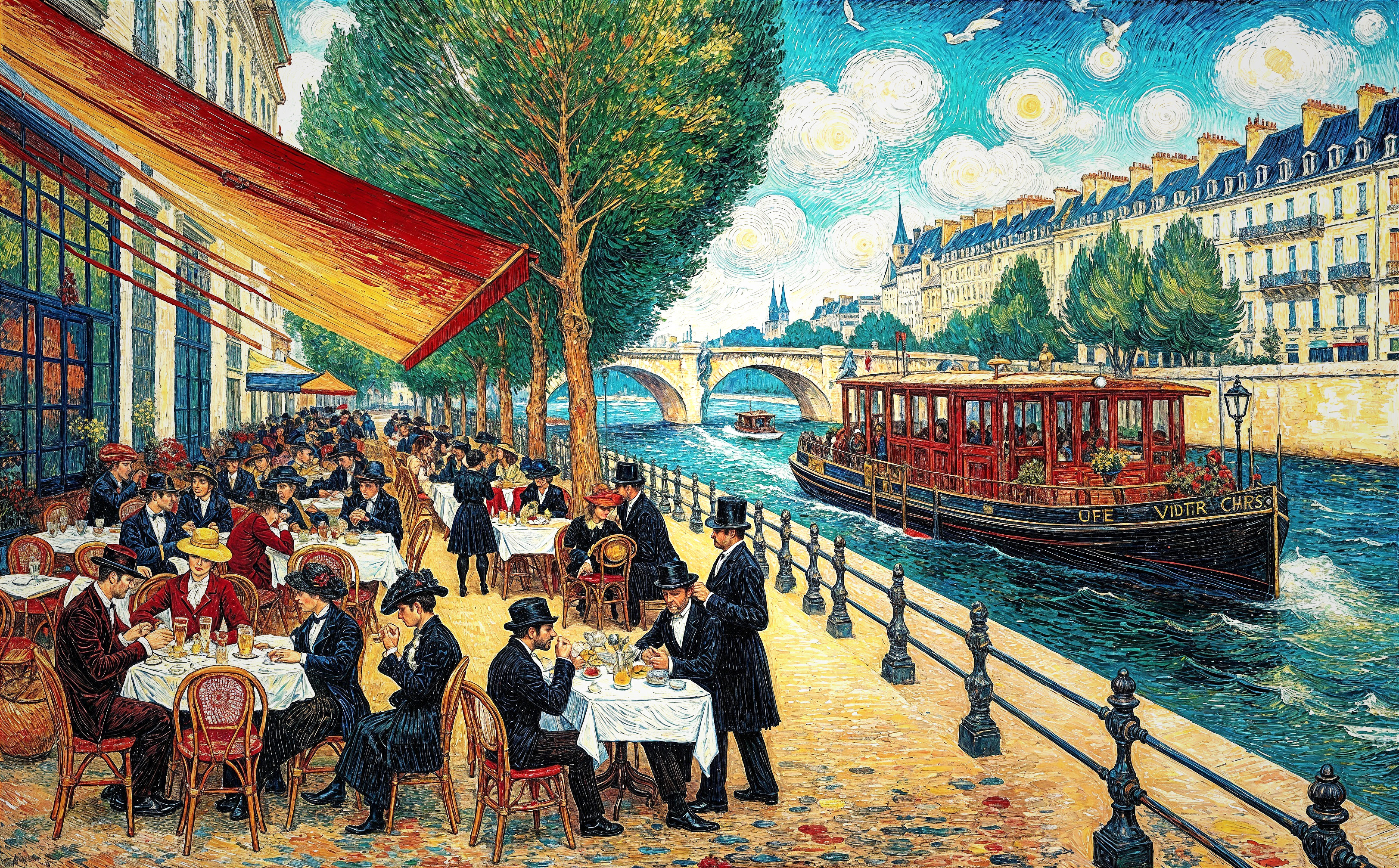 Riverside Café Scene in Paris with Elegant Patrons