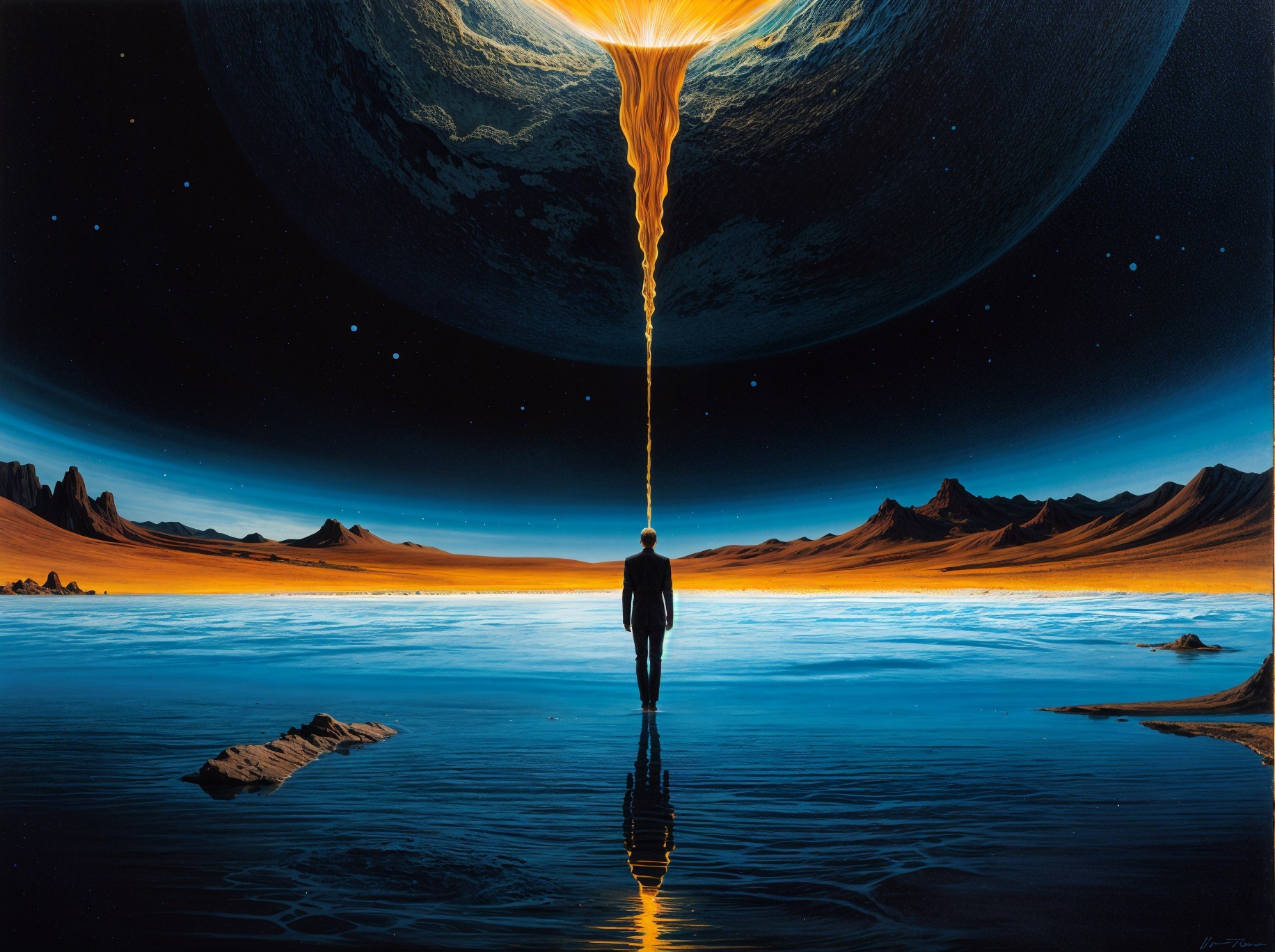 Solitary Figure by Tranquil Water Under Massive Planet