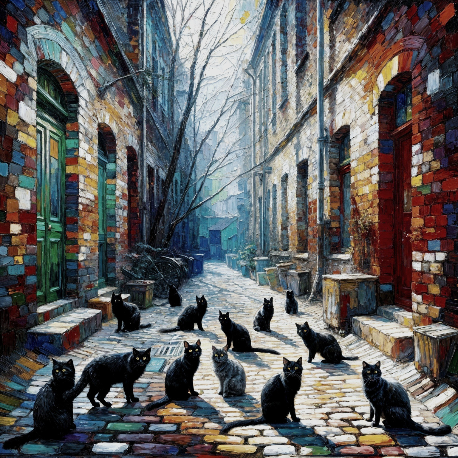 Colorful Cobblestone Alley with Cats and Trees