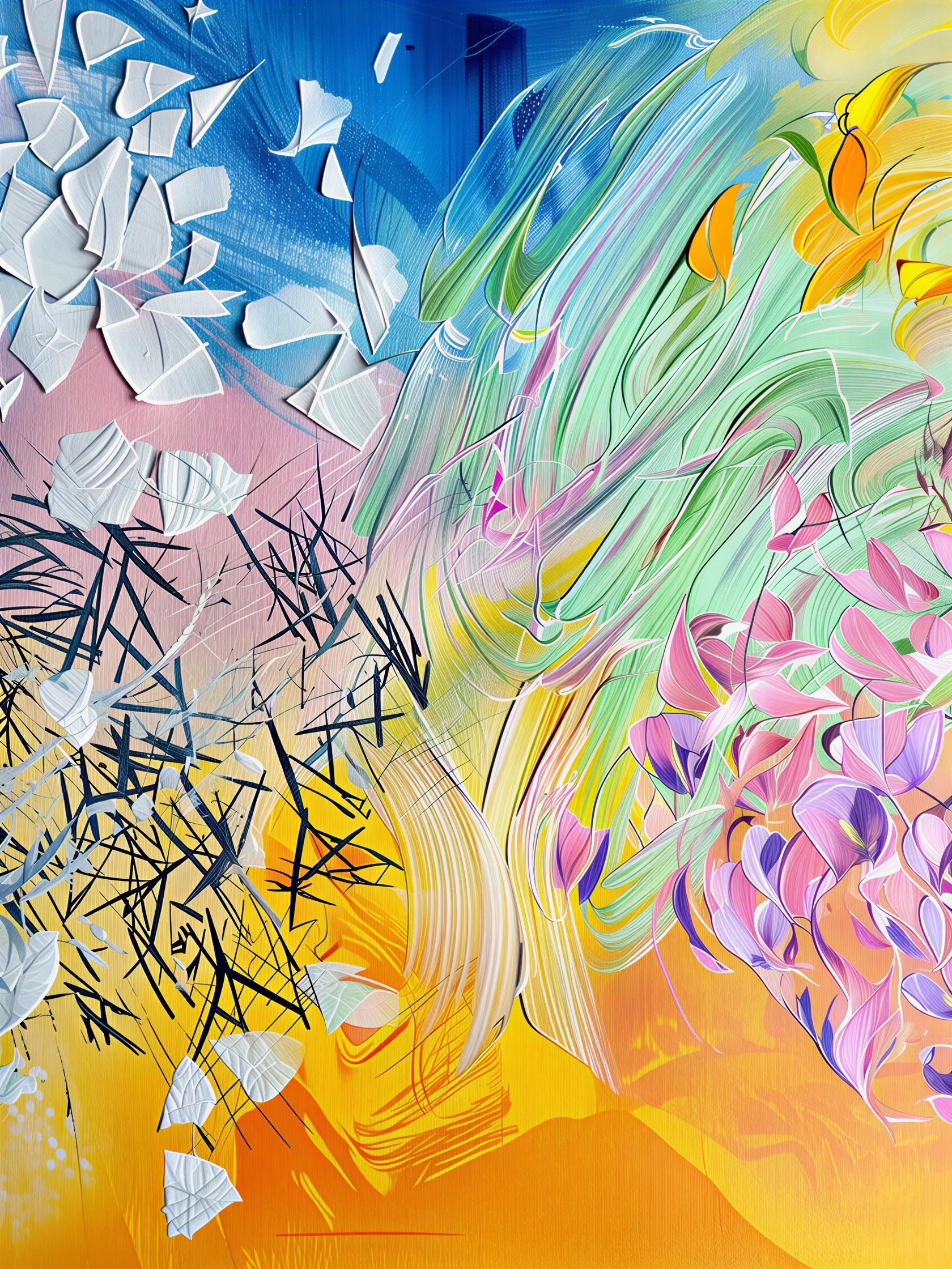 Vibrant Artwork with Dynamic Colors and Textured Forms