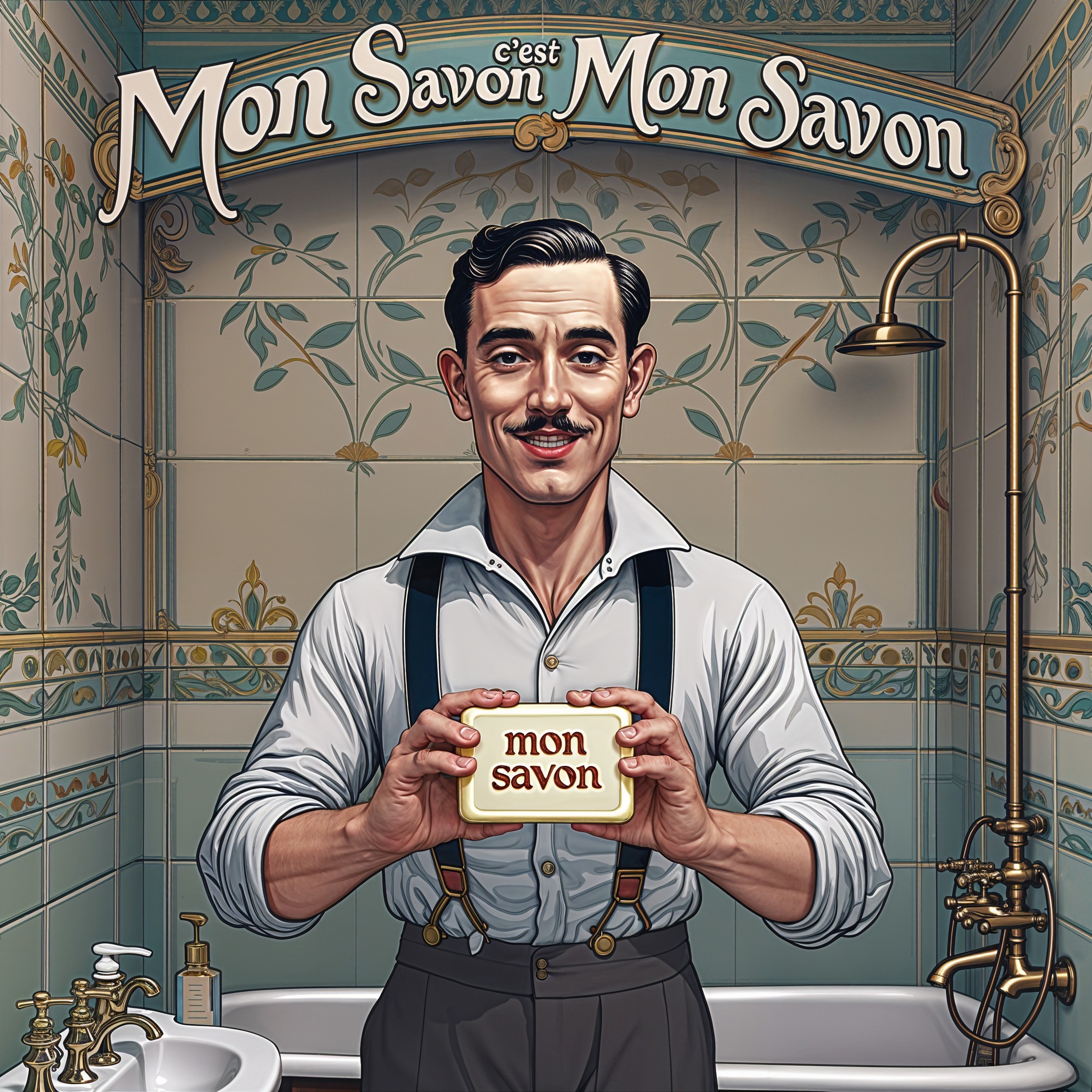 Vintage Illustration of Man with Soap in Elegant Bathroom