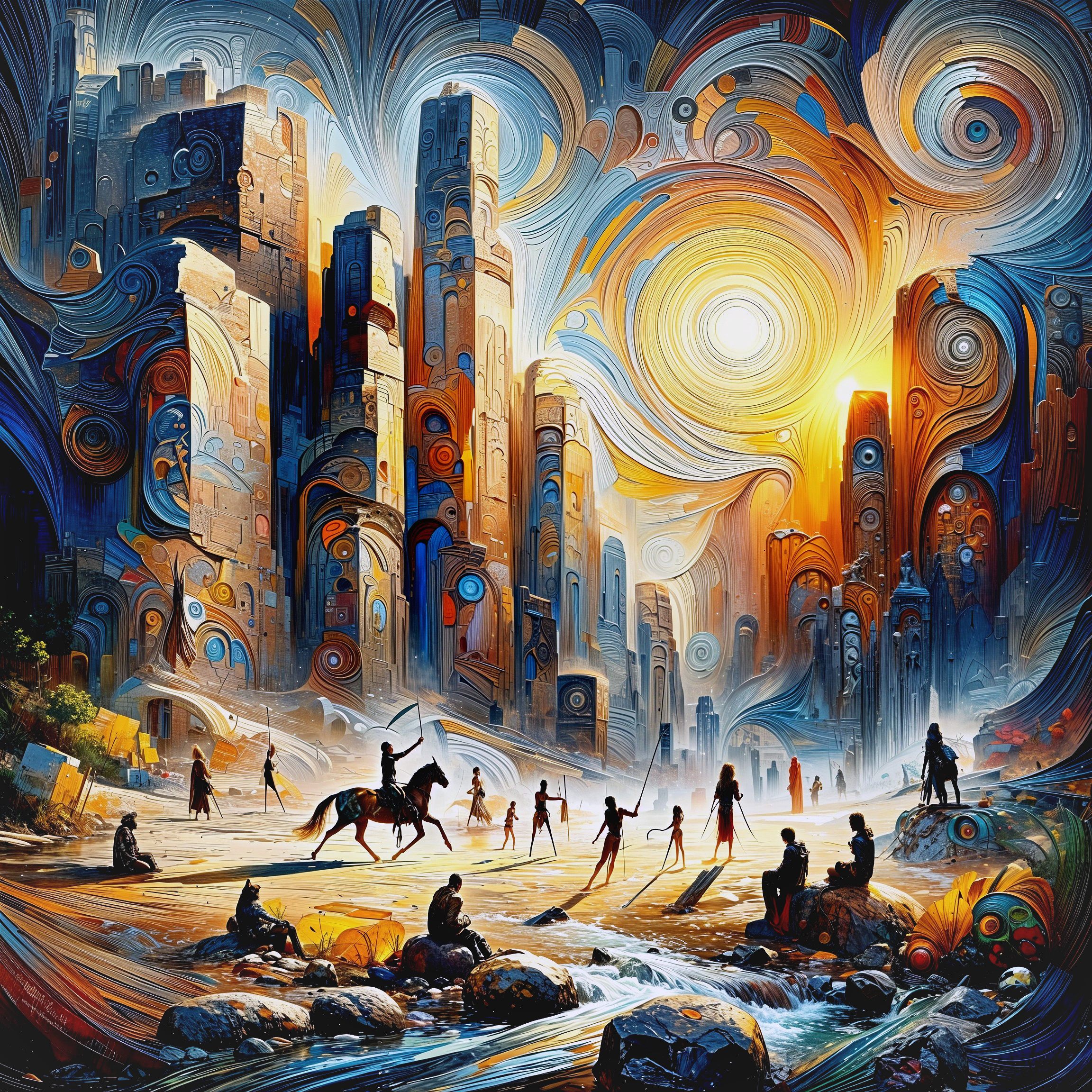Surreal Landscape with Abstract City Structures and Figures
