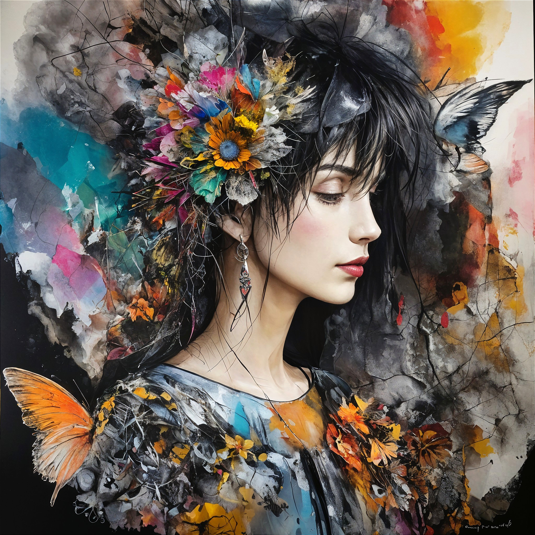 Young Woman with Floral Crown and Abstract Colors