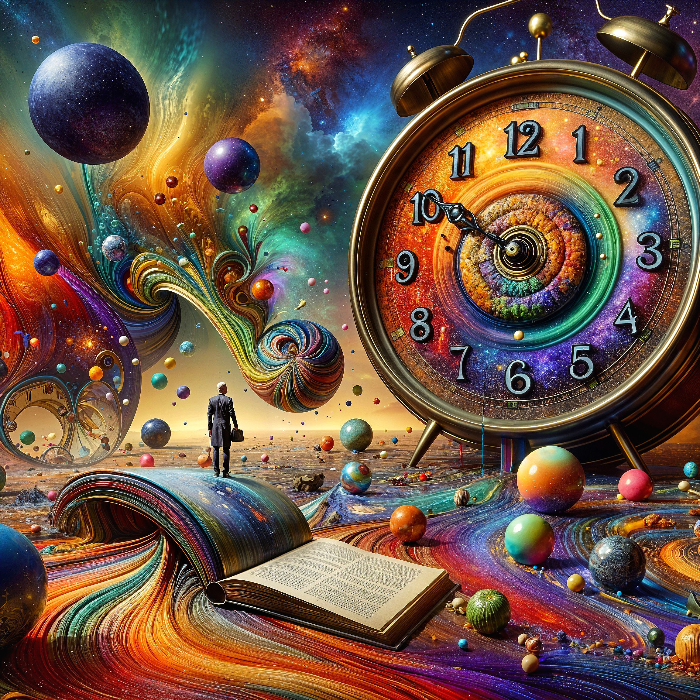 Surreal Landscape with Vibrant Clock and Cosmic Elements