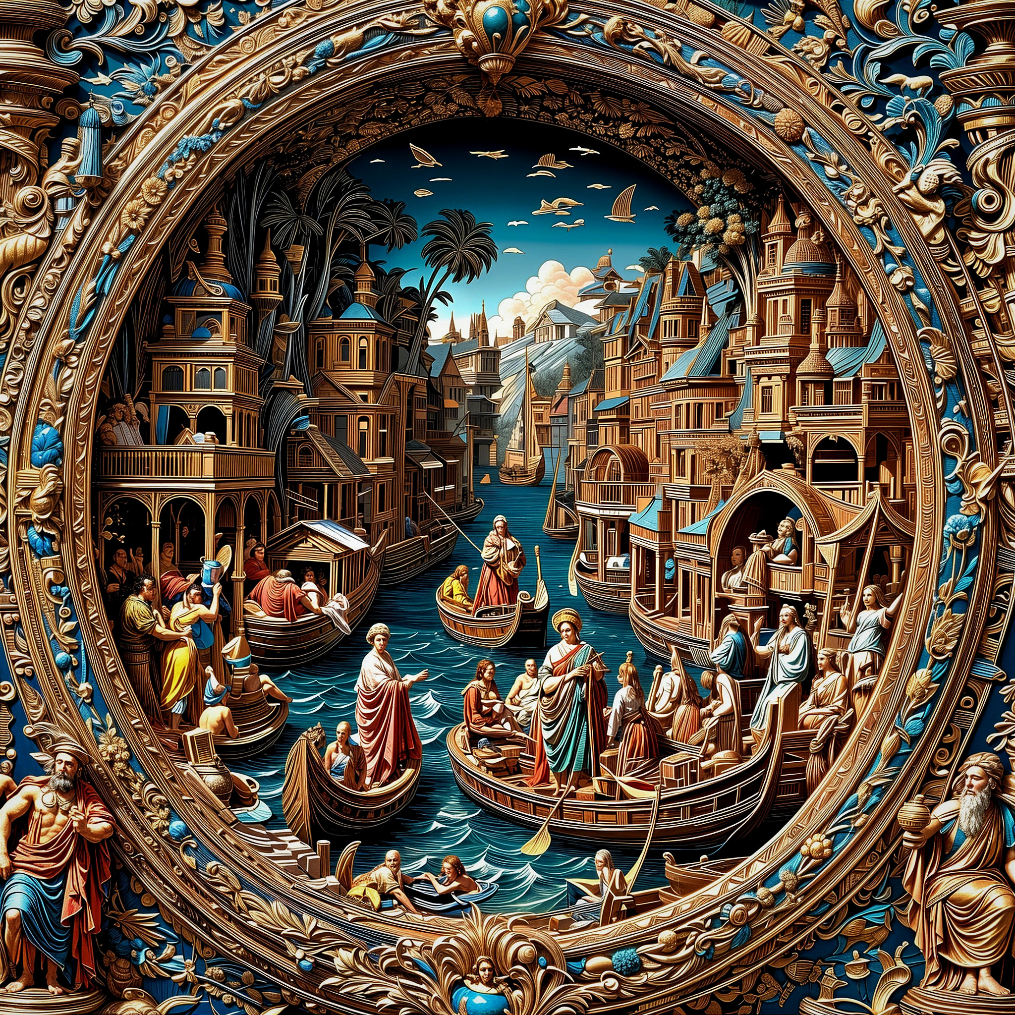 Ornate riverside town scene within a circular frame