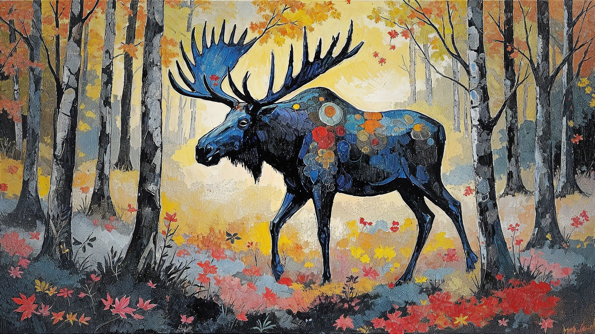 Moose Silhouette in Vibrant Autumn Forest Scene
