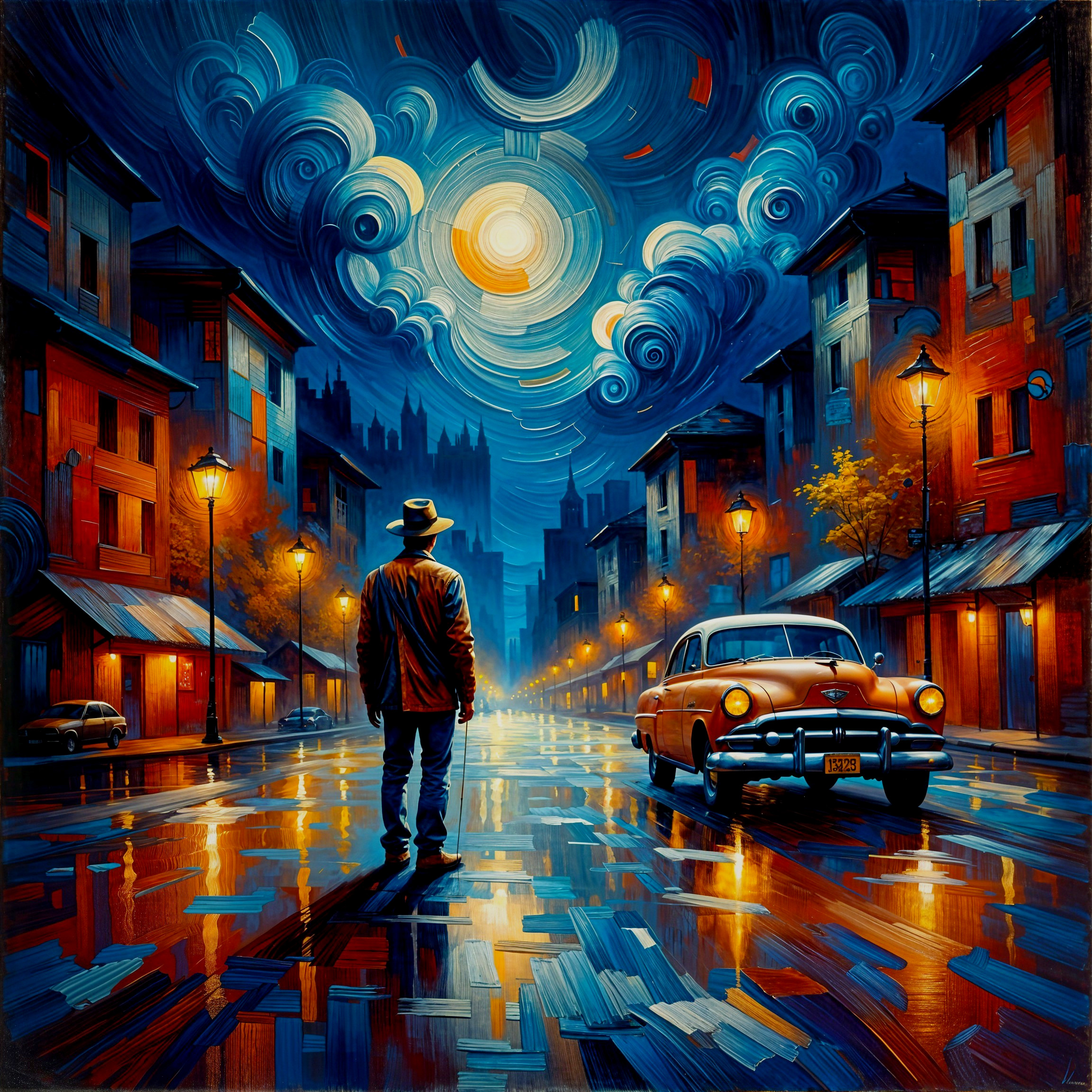 Lone Figure on Vibrant Street Under Night Sky