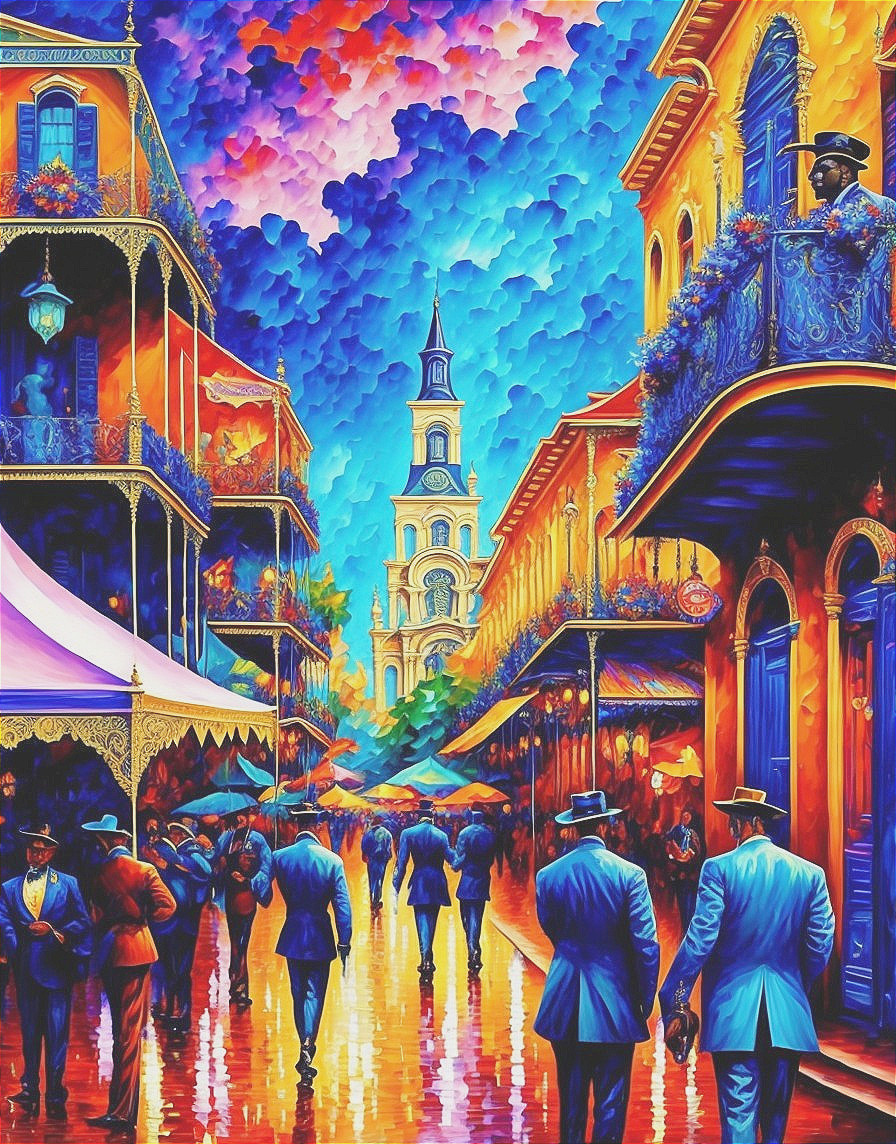 Colorful painting of bustling street scene with period clothing, ornate buildings, and church steeple