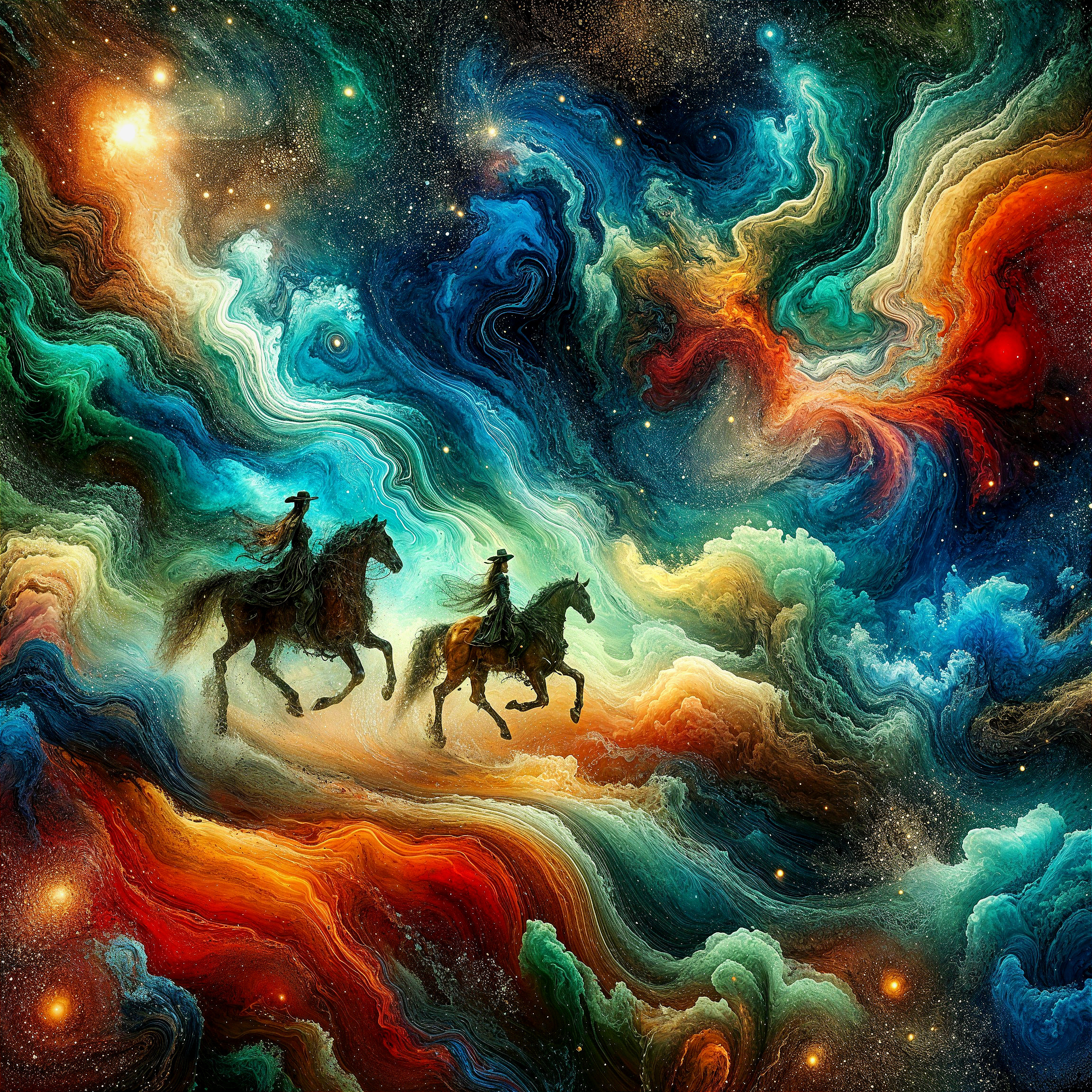 Riders on Horseback in a Colorful Cosmic Landscape